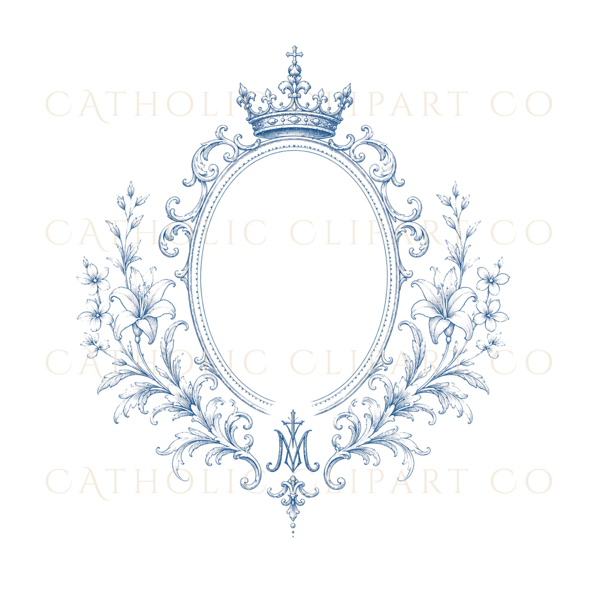 Vintage Catholic floral clipart frame in soft Marian blue / Marco floral católico vintage en suave azul mariano
