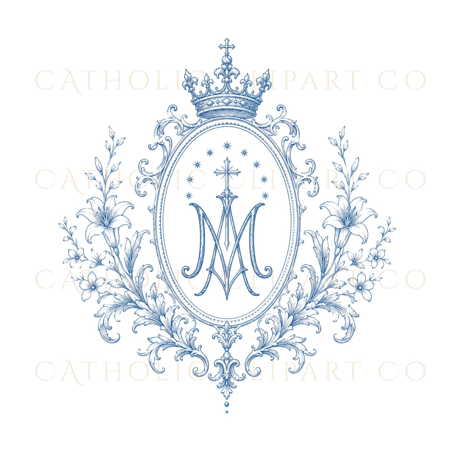 Marian blue floral monogram for Catholic wedding stationery / Monograma floral azul mariano para papelería de boda católica