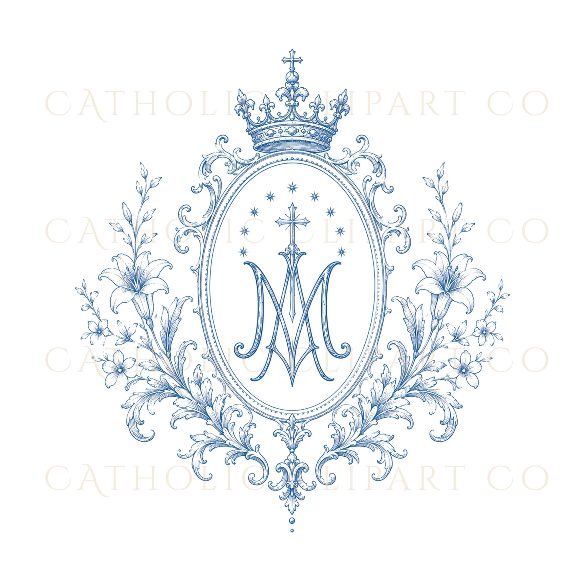 Marian blue floral monogram for Catholic wedding stationery / Monograma floral azul mariano para papelería de boda católica