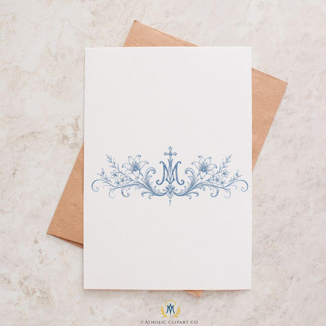 Elegant Marian blue Catholic invitation clipart design / Diseño elegante de clipart para invitación católica azul mariano