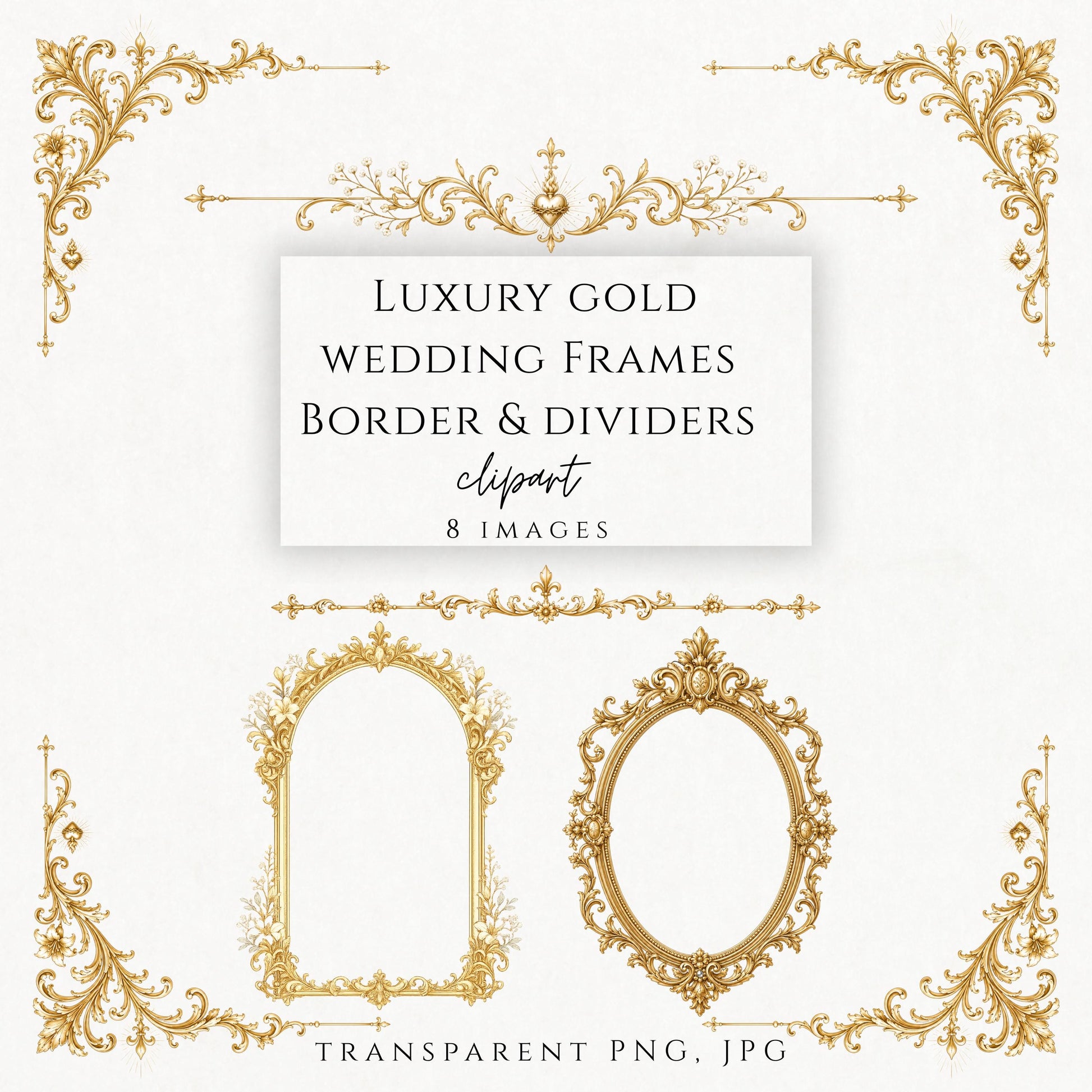 Luxury gold wedding frame clipart with ornate vintage French inspired border PNG for invitations and stationery | Clipart de marco dorado elegante estilo francés vintage para invitaciones y papelería