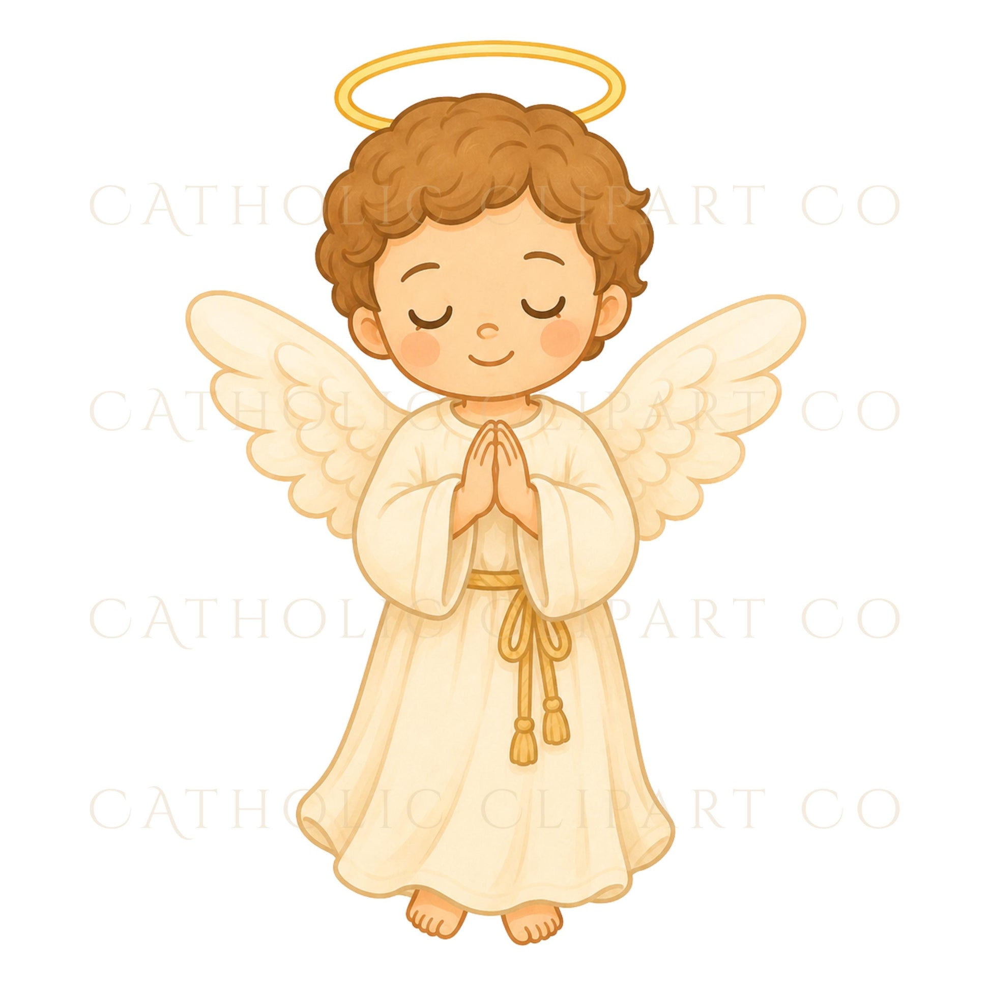 Guardian angel chibi PNG with cream robes golden halo and soft wings / PNG de ángel de la guarda estilo chibi con túnica crema halo dorado y alas suaves