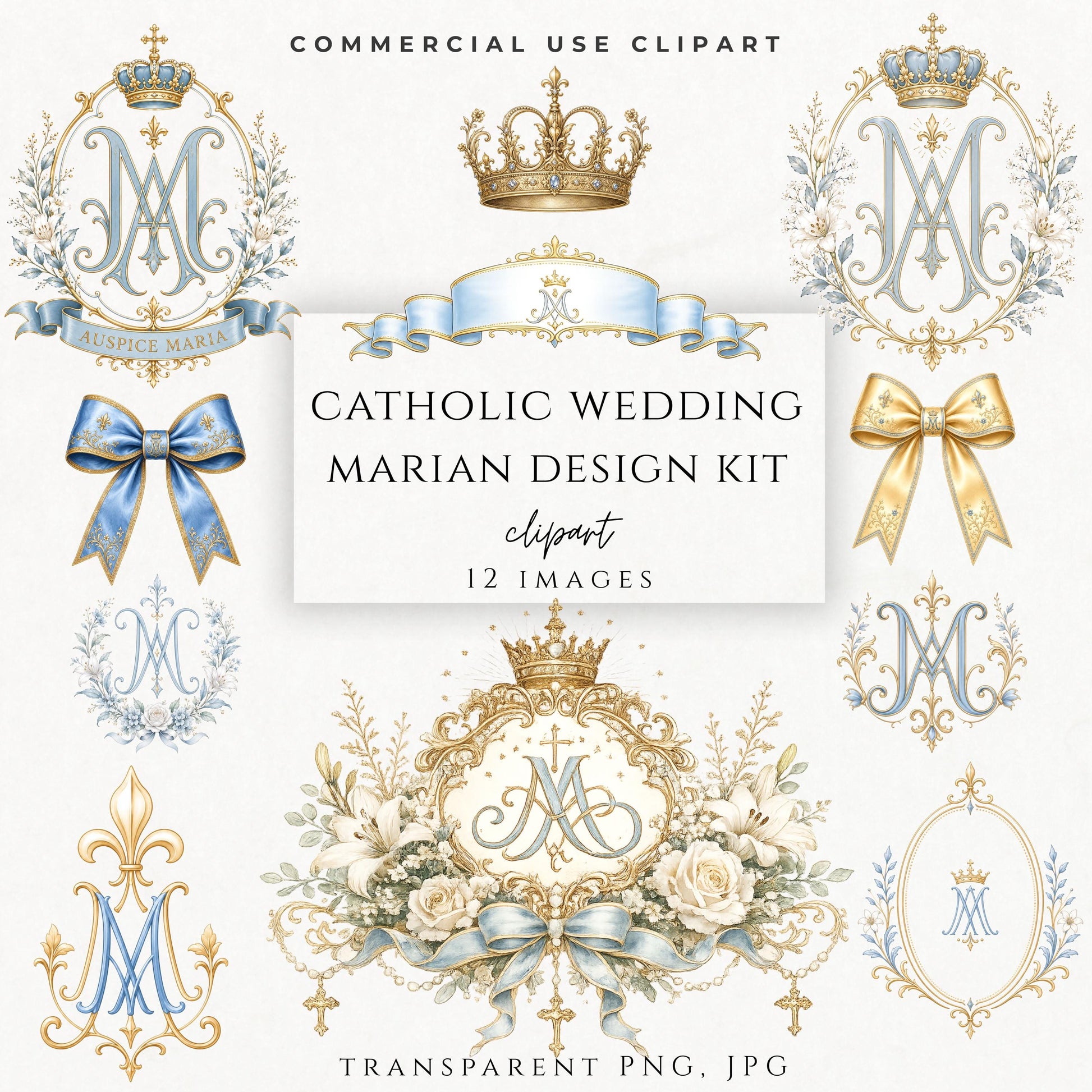 Catholic wedding Marian monogram clipart in blue and gold luxury style / Clipart de monograma mariano para boda católica en estilo lujoso azul y dorado