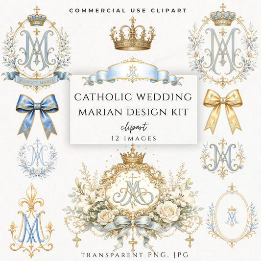 Catholic wedding Marian monogram clipart in blue and gold luxury style / Clipart de monograma mariano para boda católica en estilo lujoso azul y dorado