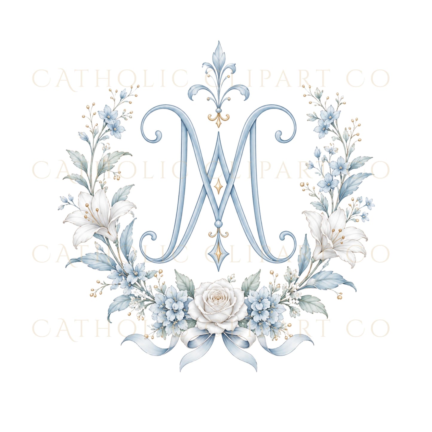Catholic Marian floral crest with luxury ribbon and gold frame / Escudo floral mariano católico con cinta elegante y marco dorado