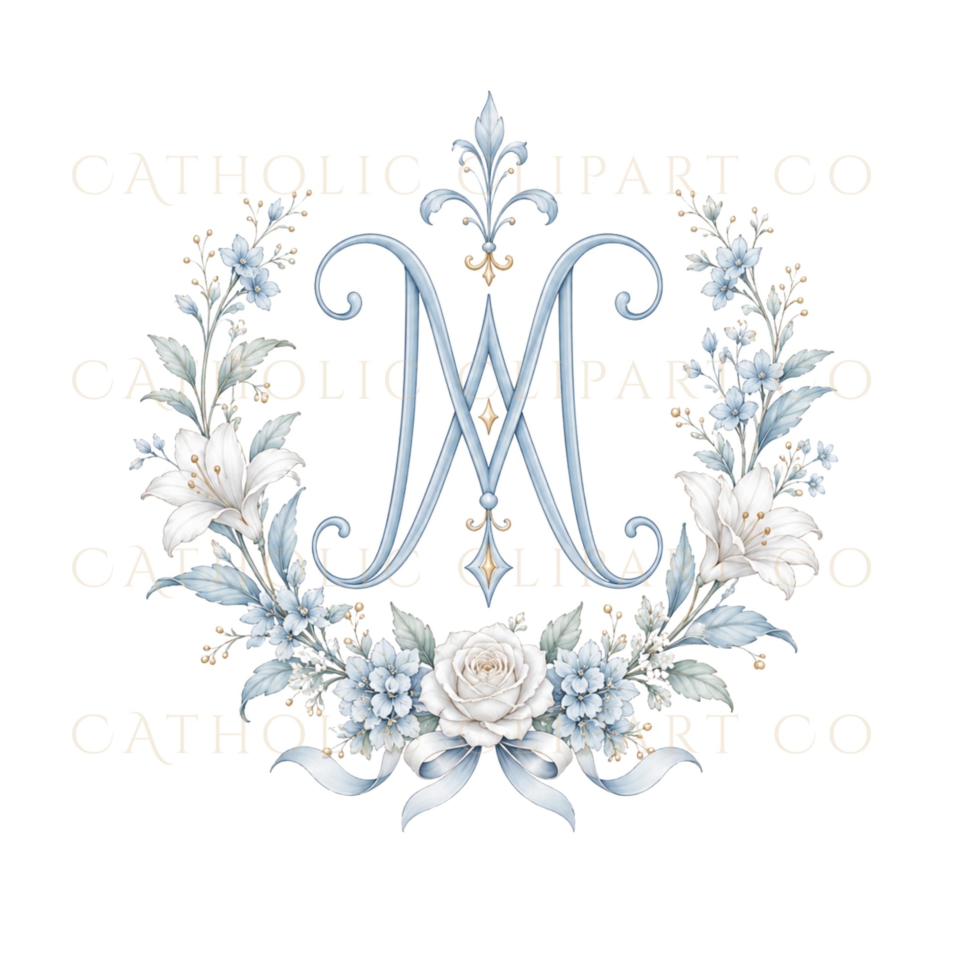 Catholic Marian floral crest with luxury ribbon and gold frame / Escudo floral mariano católico con cinta elegante y marco dorado