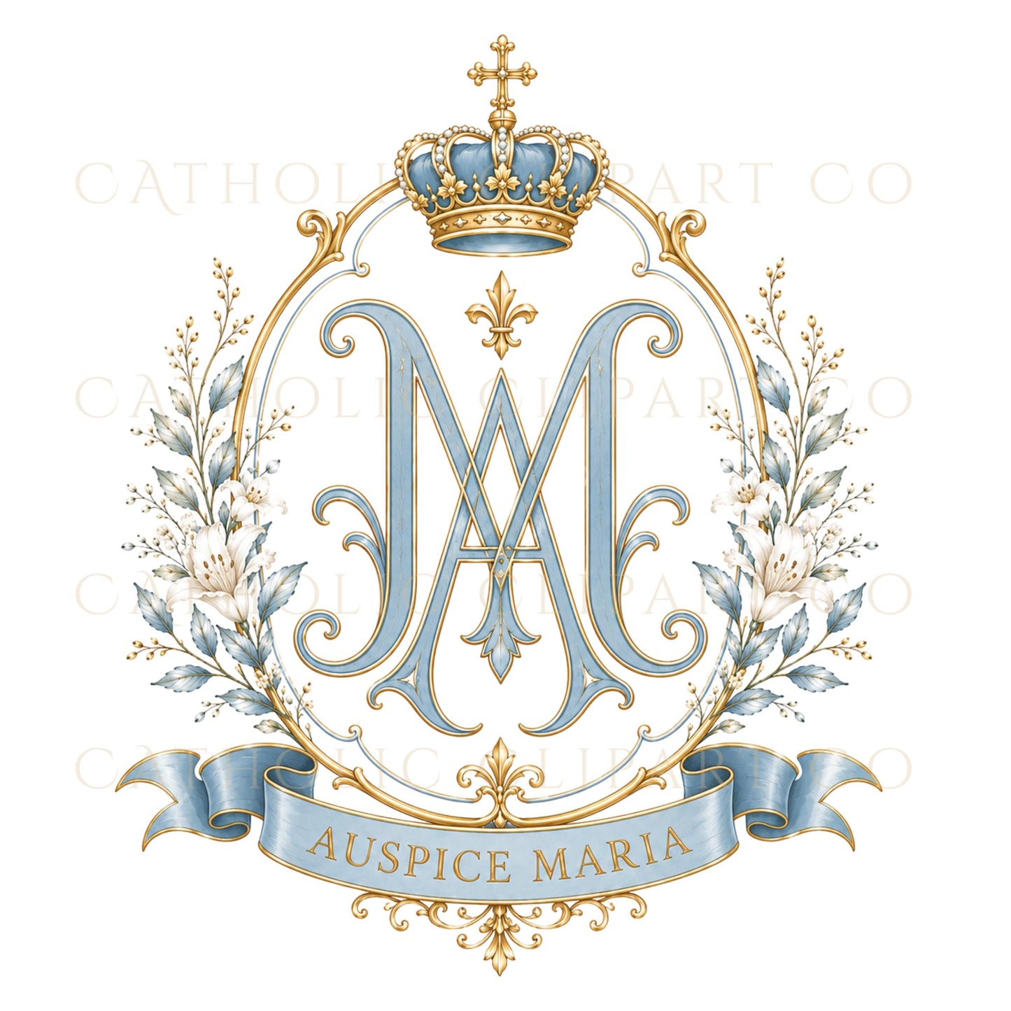Gold Marian wedding bow PNG with elegant Catholic monogram / Moño dorado mariano con elegante monograma católico