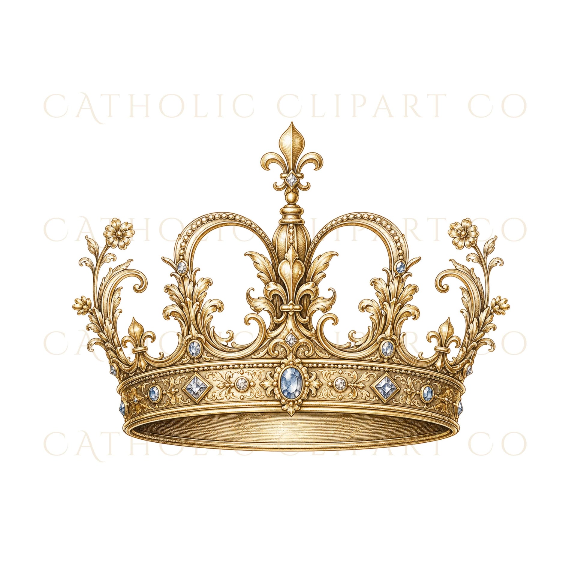 Catholic Marian monogram floral clipart with soft blue flowers / Clipart floral de monograma mariano católico con flores azul suave