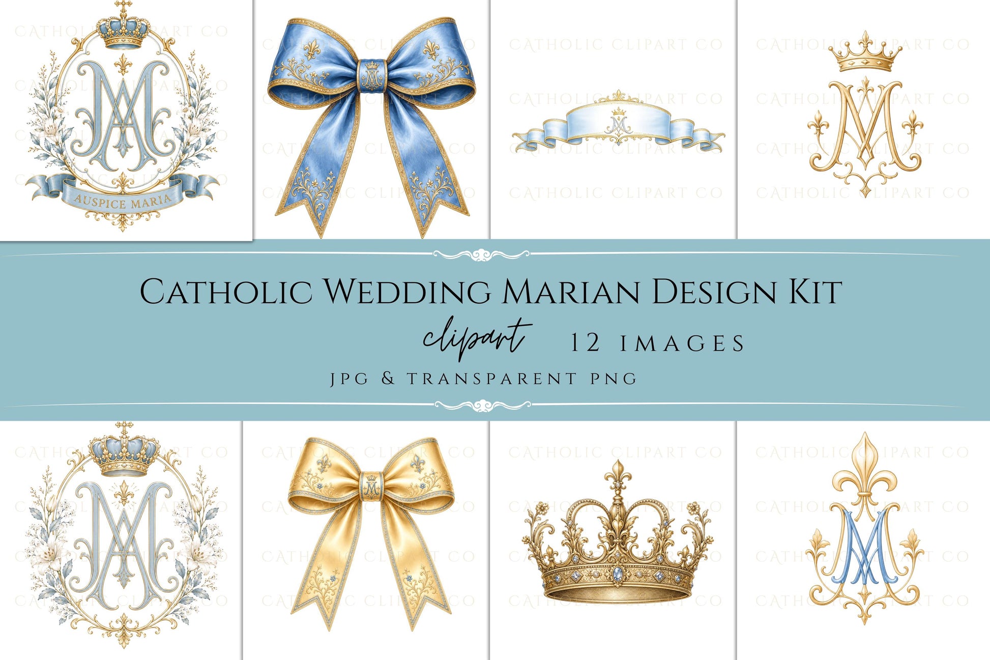 Luxury Catholic wedding crest PNG with Marian blue floral frame / Escudo elegante para boda católica con marco floral azul mariano