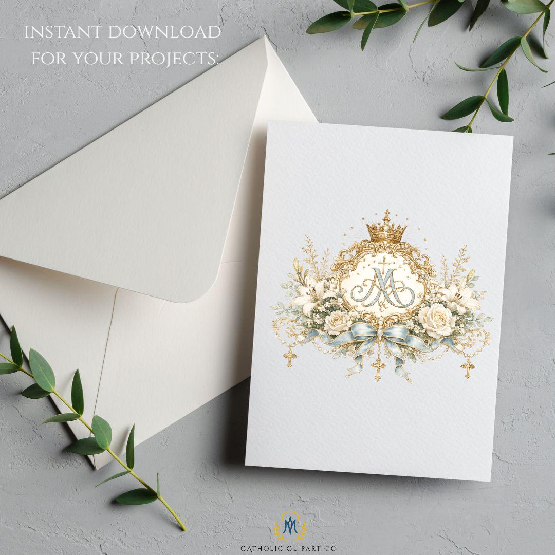 Catholic Wedding Clipart Bundle PNG, Marian Monogram Crest Clipart, Luxury Blue Gold Wedding Symbols, Commercial Use