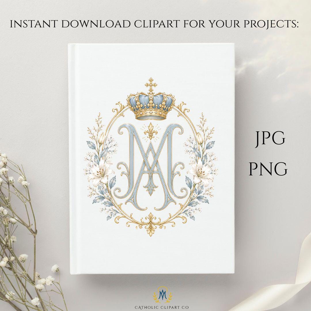 Catholic Wedding Clipart Bundle PNG, Marian Monogram Crest Clipart, Luxury Blue Gold Wedding Symbols, Commercial Use
