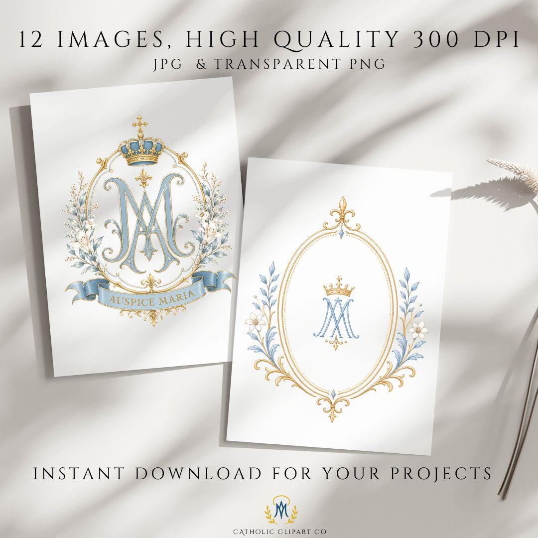 Catholic Wedding Clipart Bundle PNG, Marian Monogram Crest Clipart, Luxury Blue Gold Wedding Symbols, Commercial Use
