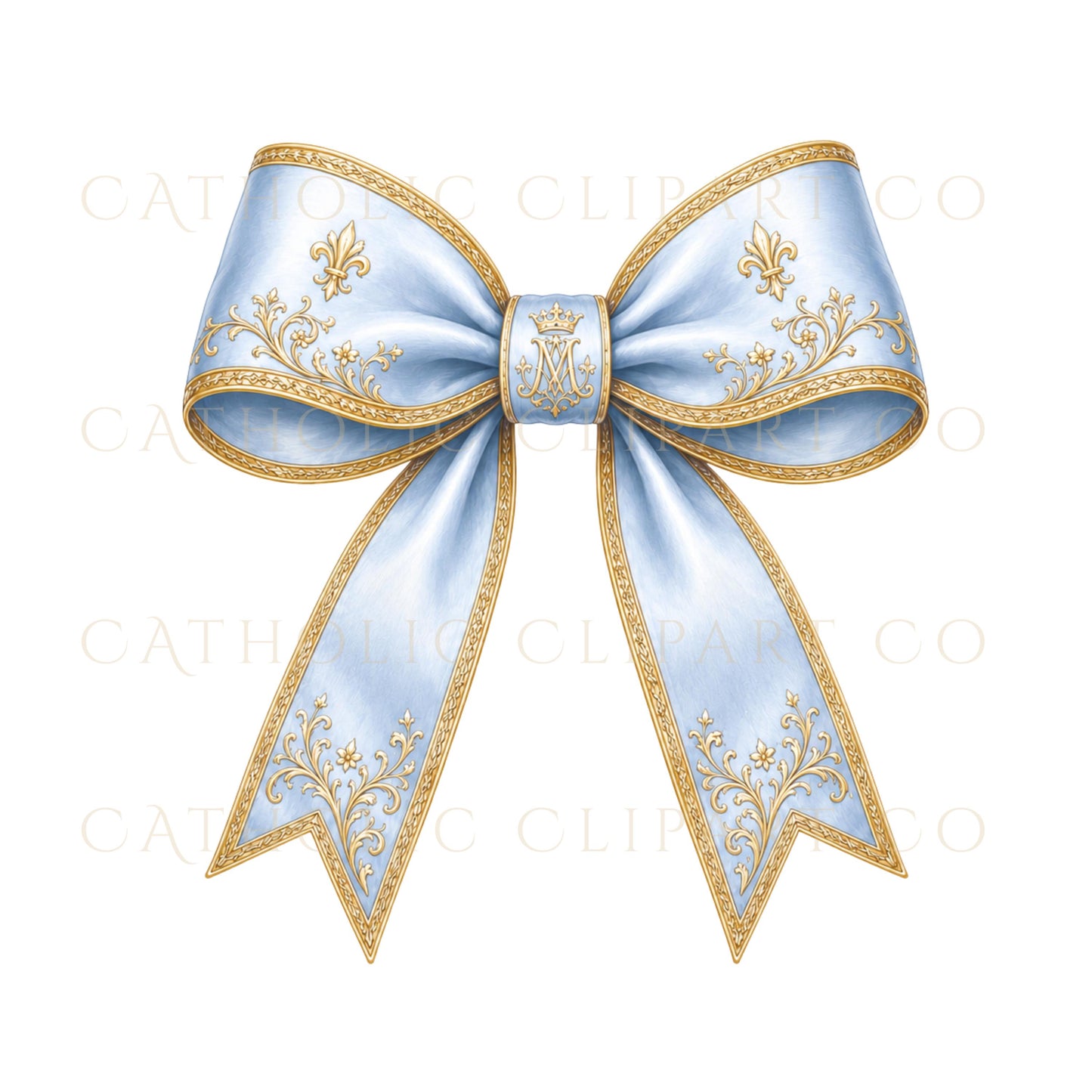 Floral ribbon embellishment clipart with luxury blue satin bow, Adorno floral con moño azul satinado estilo lujo para invitaciones