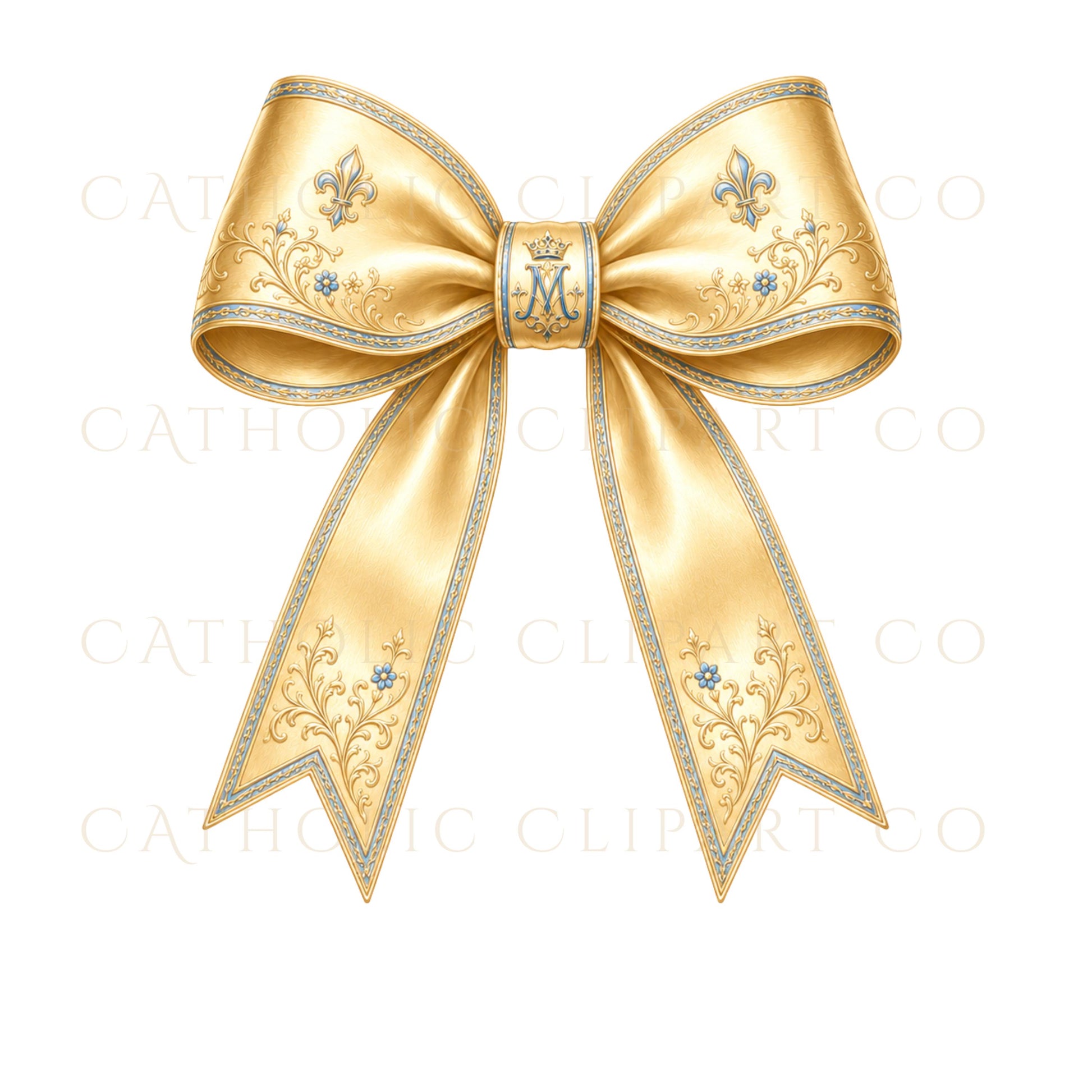 Blue and gold floral bow graphic for feminine branding and wedding stationery, Gráfico floral con moño azul y dorado para branding femenino y bodas