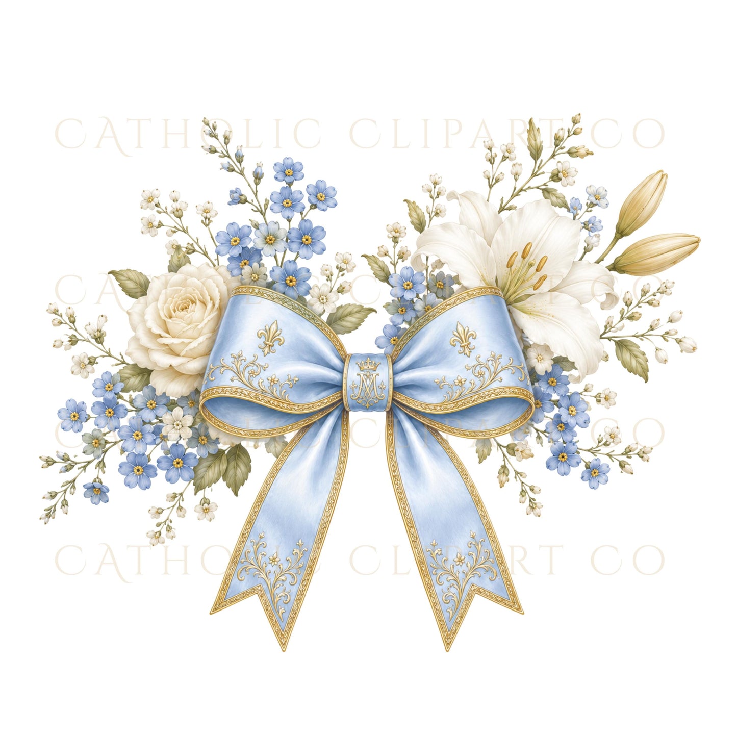 Luxury ribbon clipart with elegant floral bouquet and blue satin bow, Clipart de listón elegante con bouquet floral y moño azul satinado