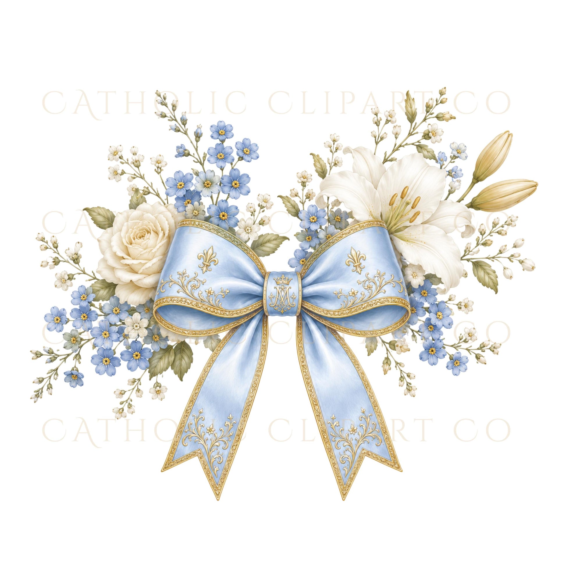 Luxury ribbon clipart with elegant floral bouquet and blue satin bow, Clipart de listón elegante con bouquet floral y moño azul satinado