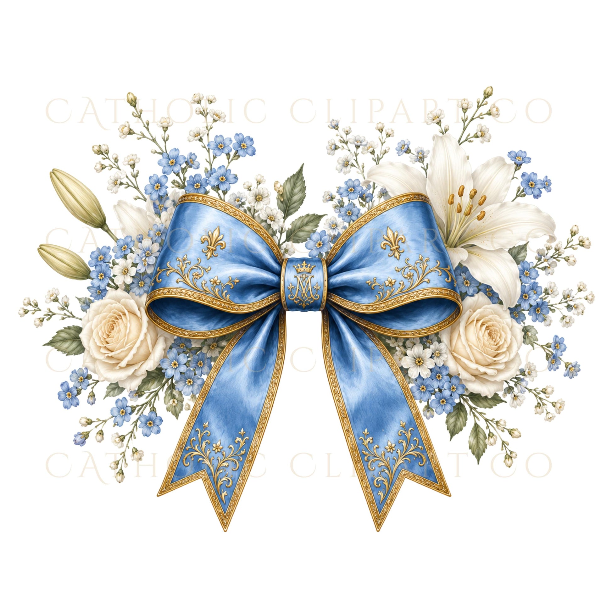Elegant coquette style blue ribbon bow clipart with floral accents, Moño estilo coquette elegante azul con detalles florales