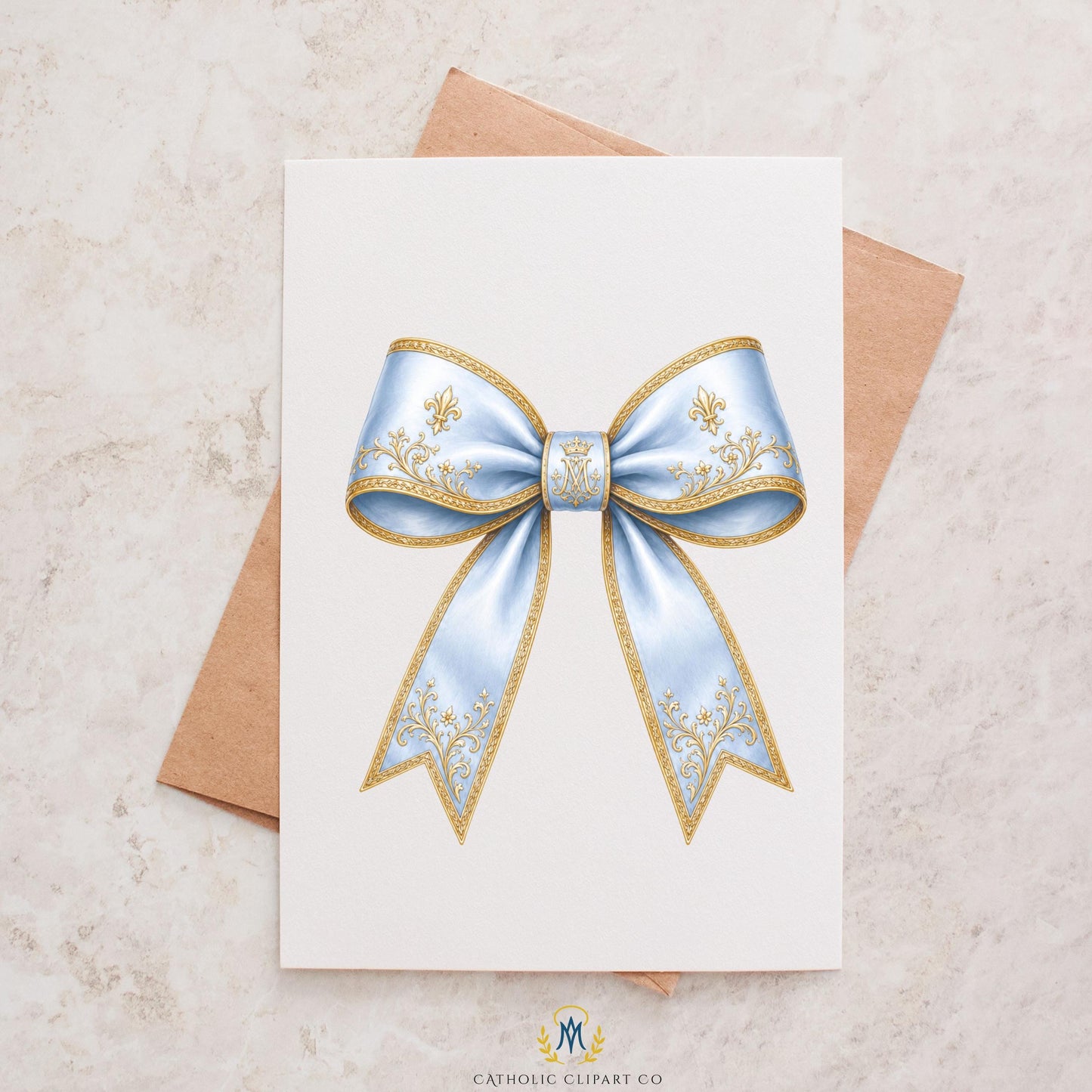 Vintage luxury bow clipart in blue and gold tones with floral arrangement, Clipart de moño vintage de lujo en tonos azul y dorado con flores
