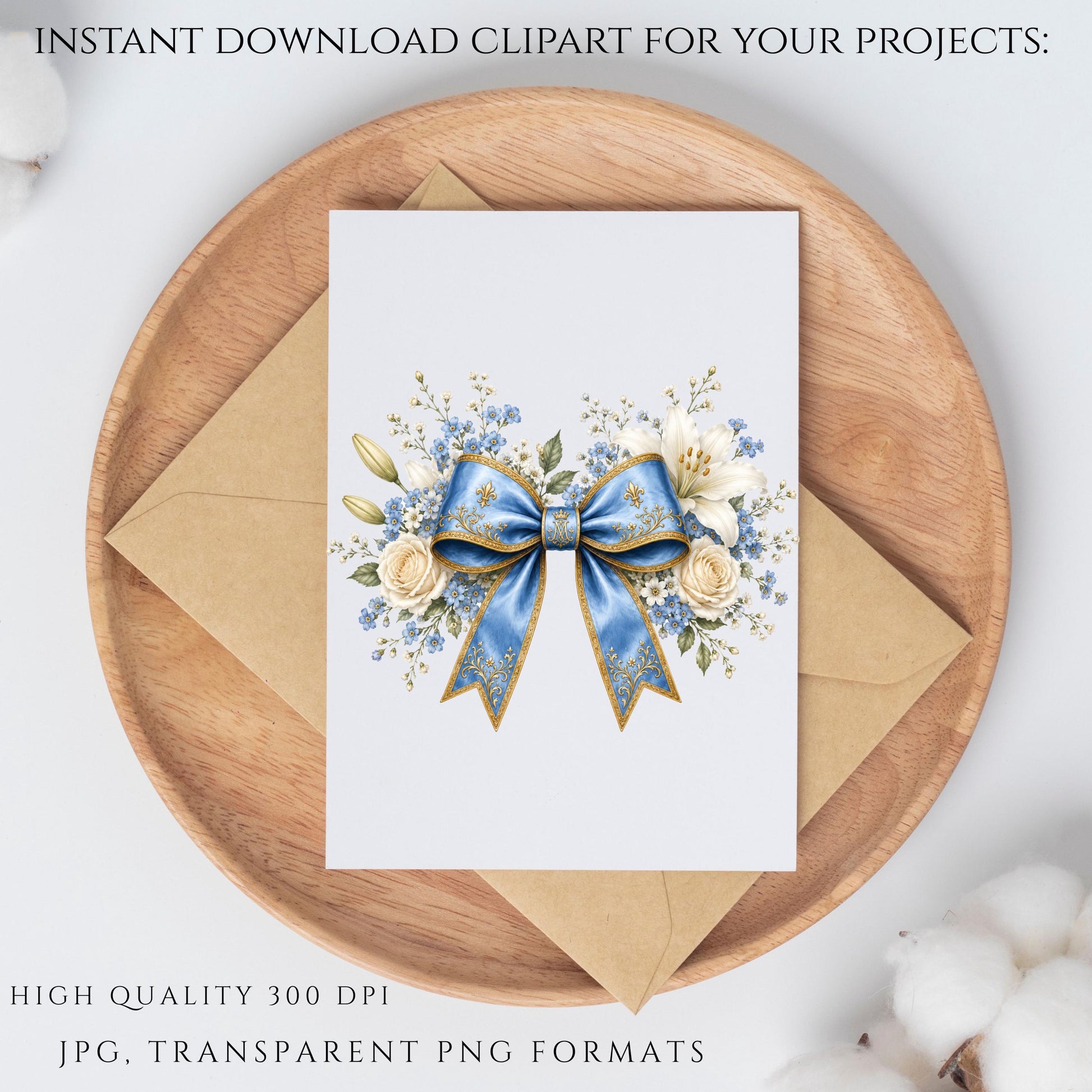 Elegant floral bow PNG with gold detailing and blue satin ribbon, Vintage feminine wedding embellishment clipart, Moño floral elegante azul con detalles dorados estilo vintage para bodas