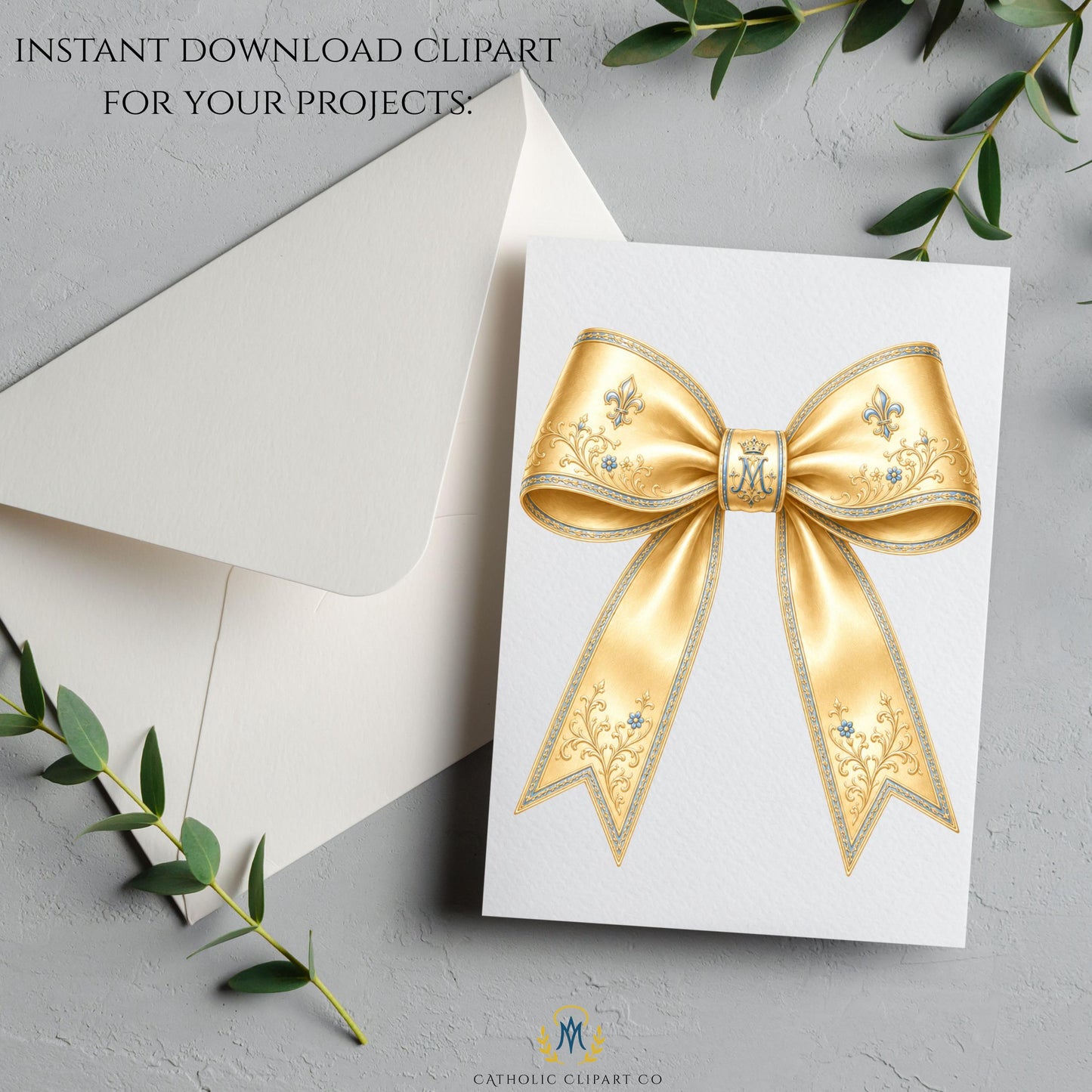 Elegant wedding bow PNG with ornate gold ribbon and soft blue flowers, Moño elegante para boda con listón dorado y flores azules suaves