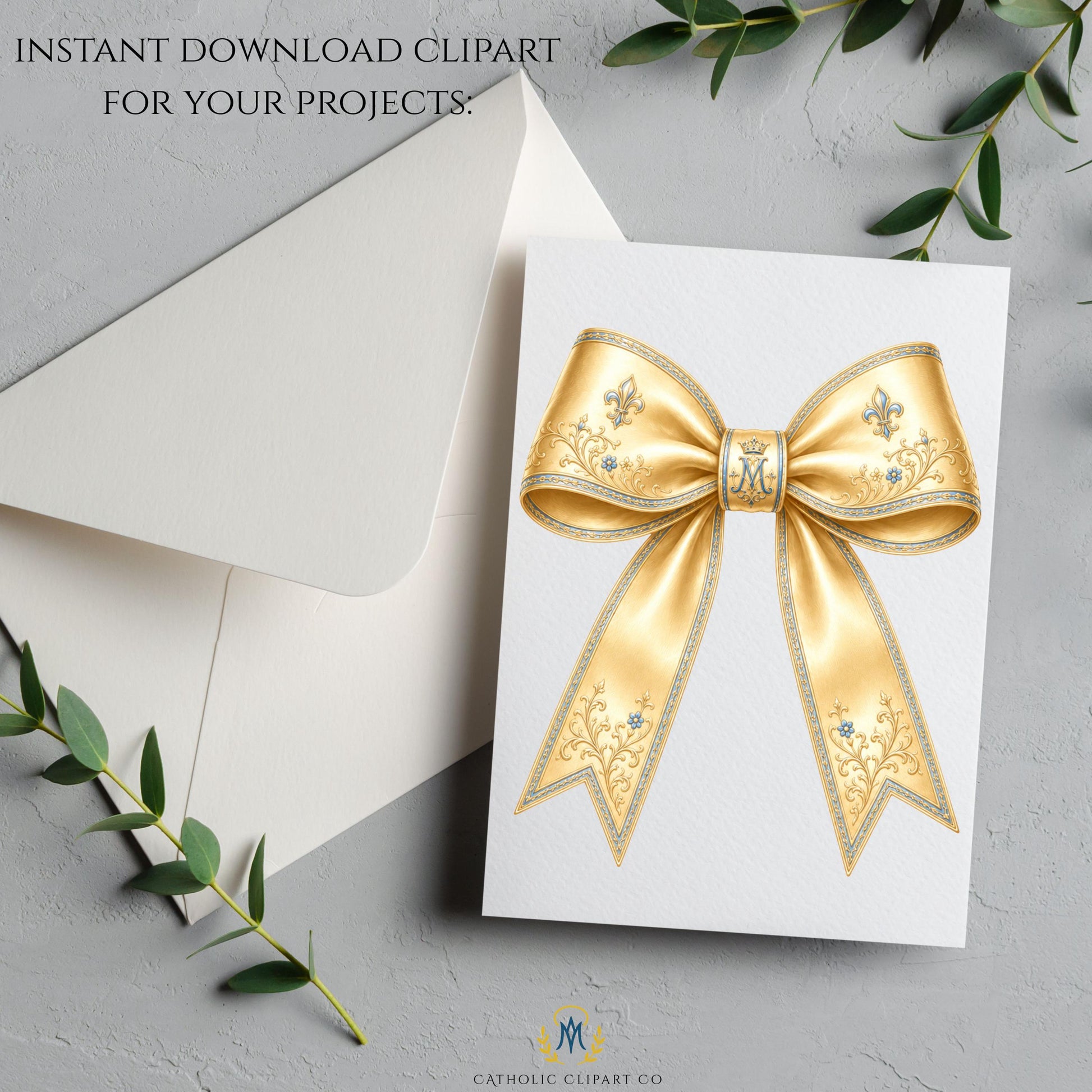Elegant wedding bow PNG with ornate gold ribbon and soft blue flowers, Moño elegante para boda con listón dorado y flores azules suaves