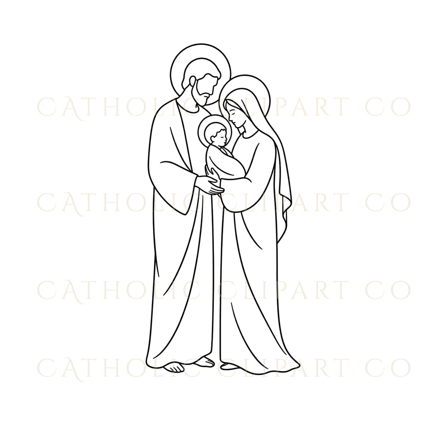 Holy Family nativity clipart with Baby Jesus centered, perfect for Christmas and church projects | Clipart de Natividad de la Sagrada Familia con el Niño Jesús al centro, ideal para Navidad y proyectos parroquiales
