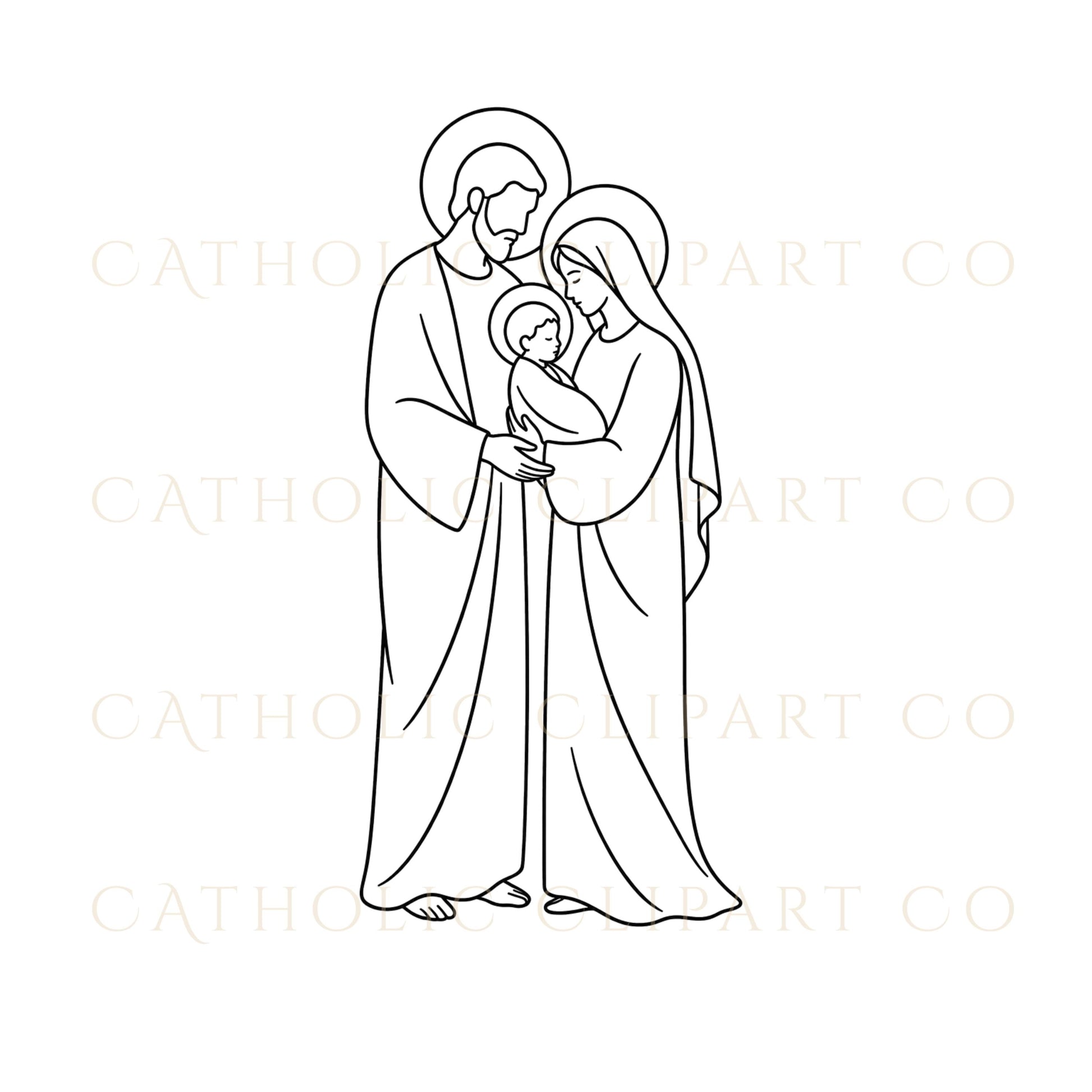Holy Family nativity clipart with Baby Jesus centered, perfect for Christmas and church projects | Clipart de Natividad de la Sagrada Familia con el Niño Jesús al centro, ideal para Navidad y proyectos parroquiales