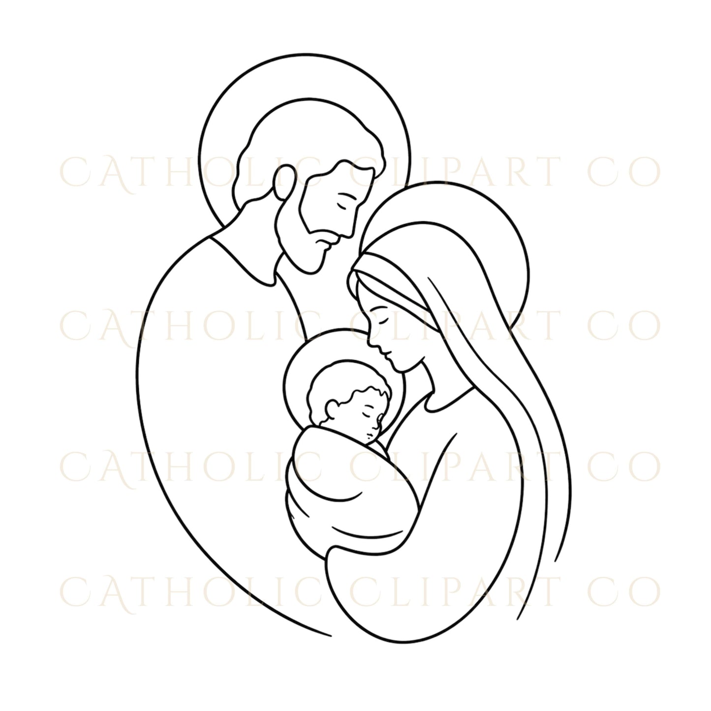 Minimal Catholic line art featuring Holy Family embrace design in modern luxury style | Arte lineal católico minimalista con diseño de abrazo de la Sagrada Familia en estilo moderno y elegante