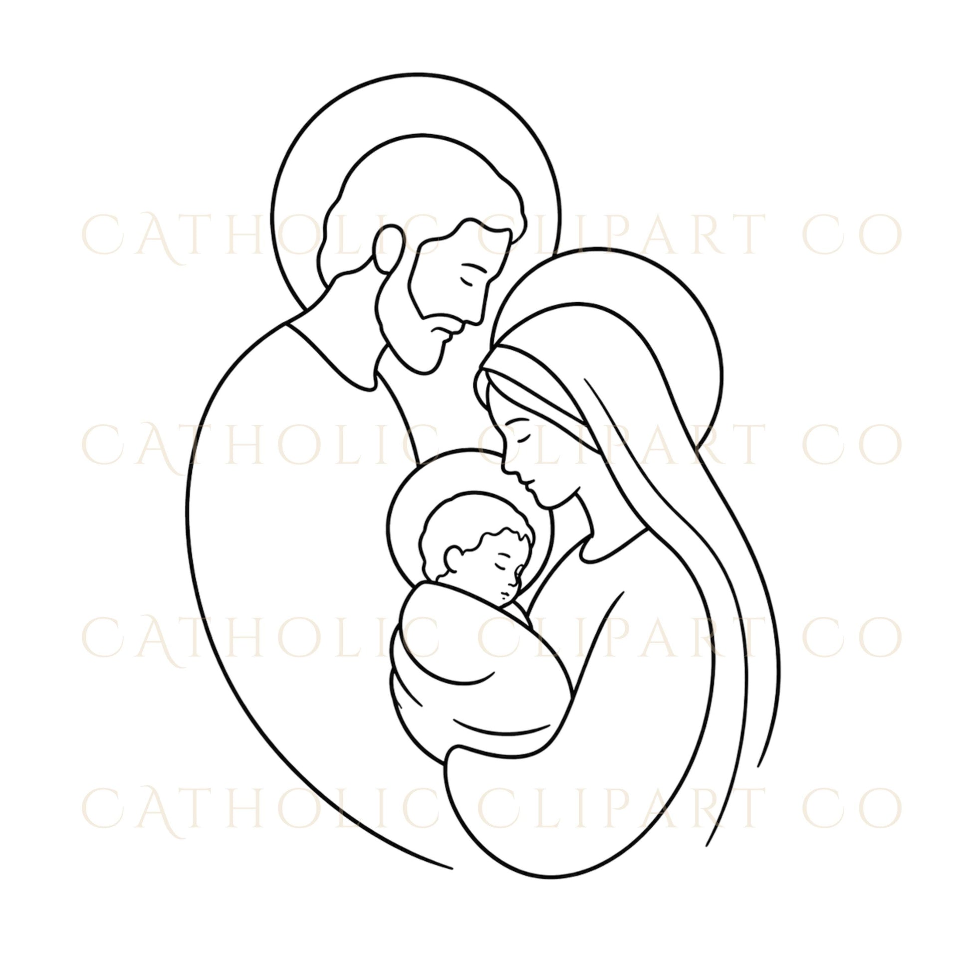 Minimal Catholic line art featuring Holy Family embrace design in modern luxury style | Arte lineal católico minimalista con diseño de abrazo de la Sagrada Familia en estilo moderno y elegante