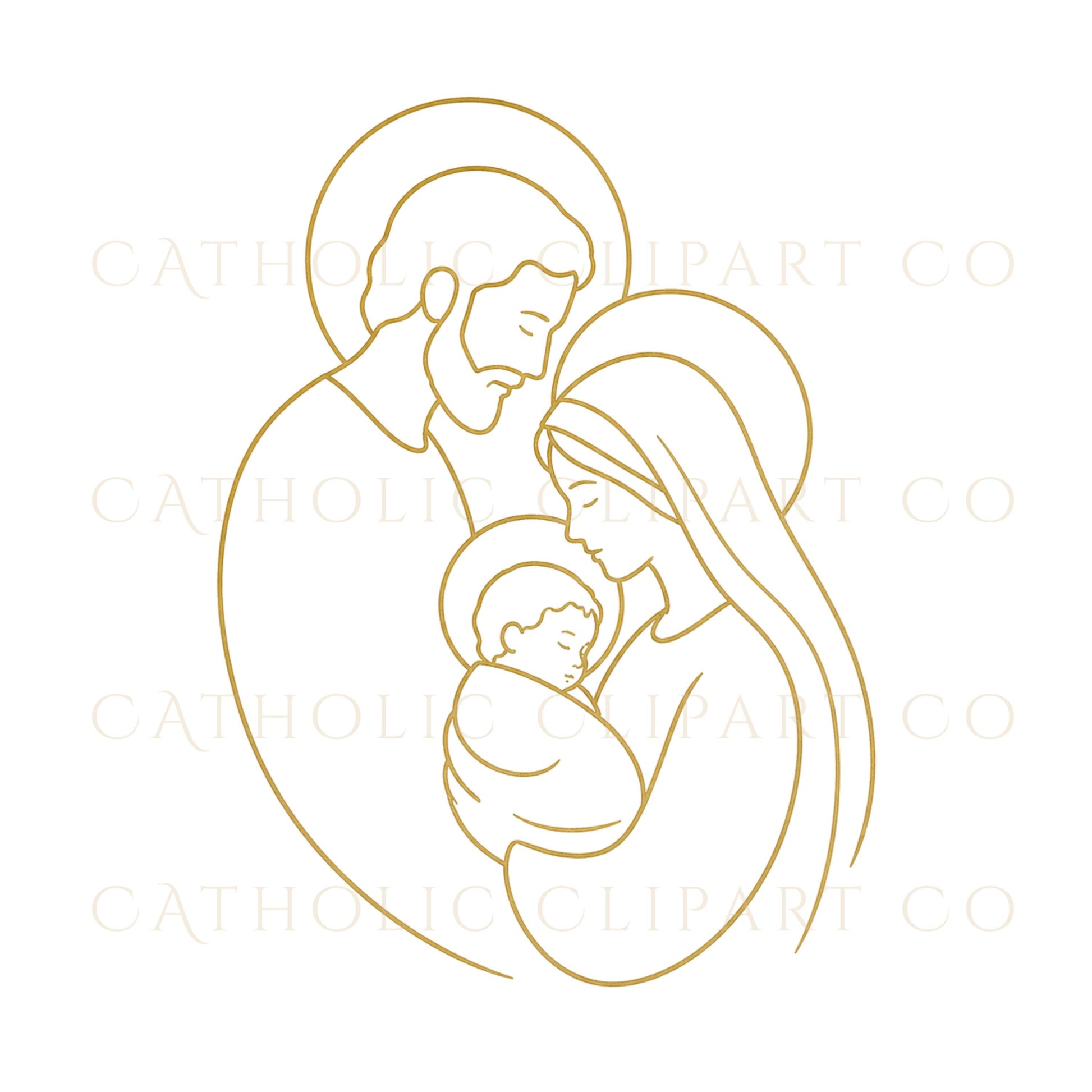 Saint Joseph, Virgin Mary and Baby Jesus line art bundle for Catholic crafts and invitations | Paquete de arte lineal de San José, la Virgen María y el Niño Jesús para manualidades e invitaciones católicas