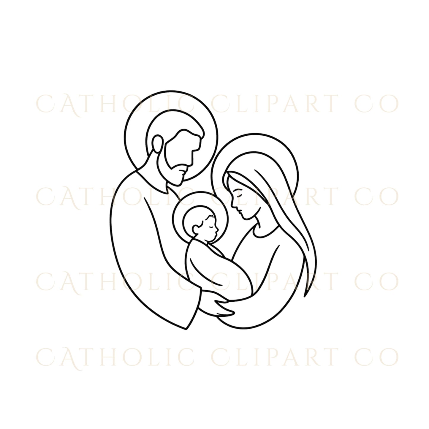 Standing Holy Family clipart design with halos, ideal for prayer cards and religious gifts | Diseño de clipart de la Sagrada Familia de pie con halos, ideal para tarjetas de oración y regalos religiosos