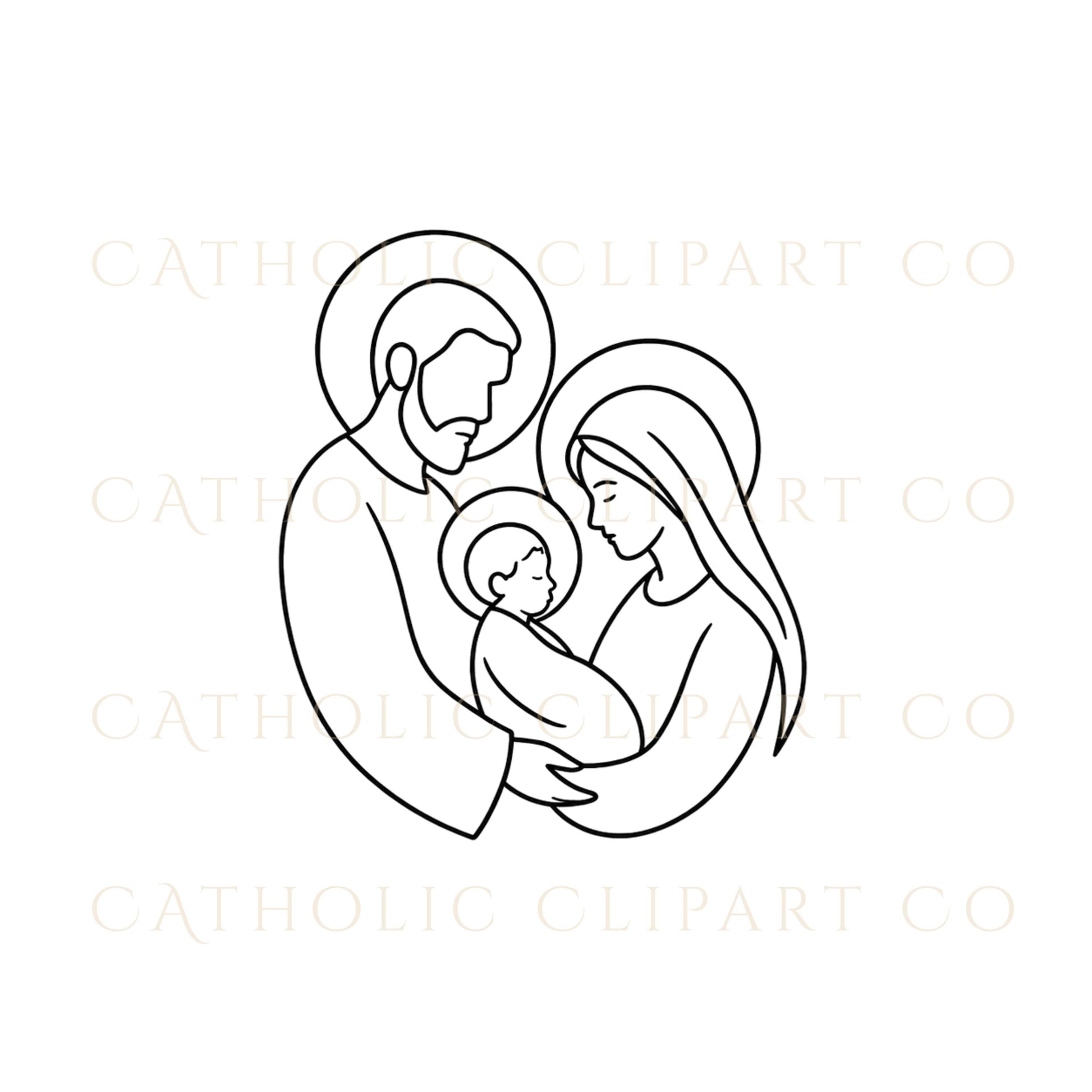 Standing Holy Family clipart design with halos, ideal for prayer cards and religious gifts | Diseño de clipart de la Sagrada Familia de pie con halos, ideal para tarjetas de oración y regalos religiosos