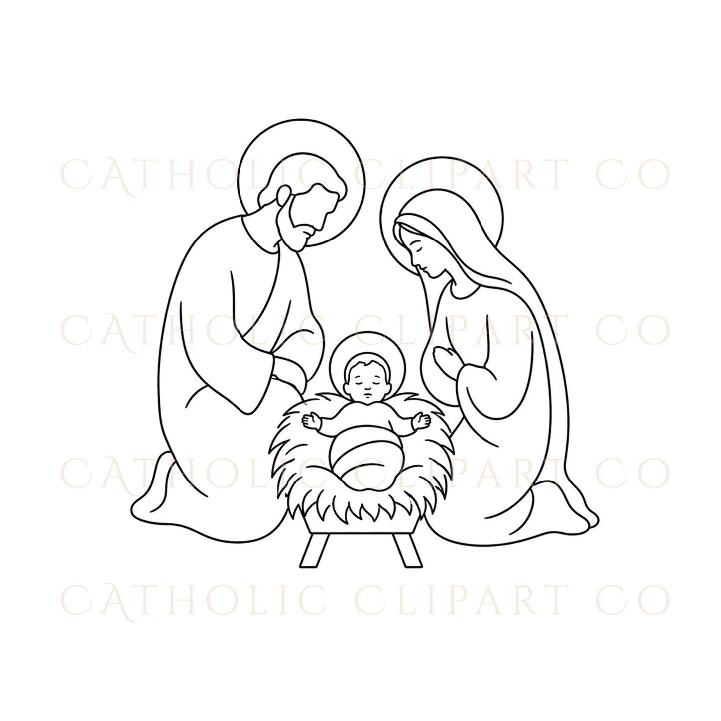 Circular Holy Family line art illustration with modern Catholic aesthetic and luxury style | Ilustración circular de la Sagrada Familia en arte lineal con estética católica moderna y estilo elegante
