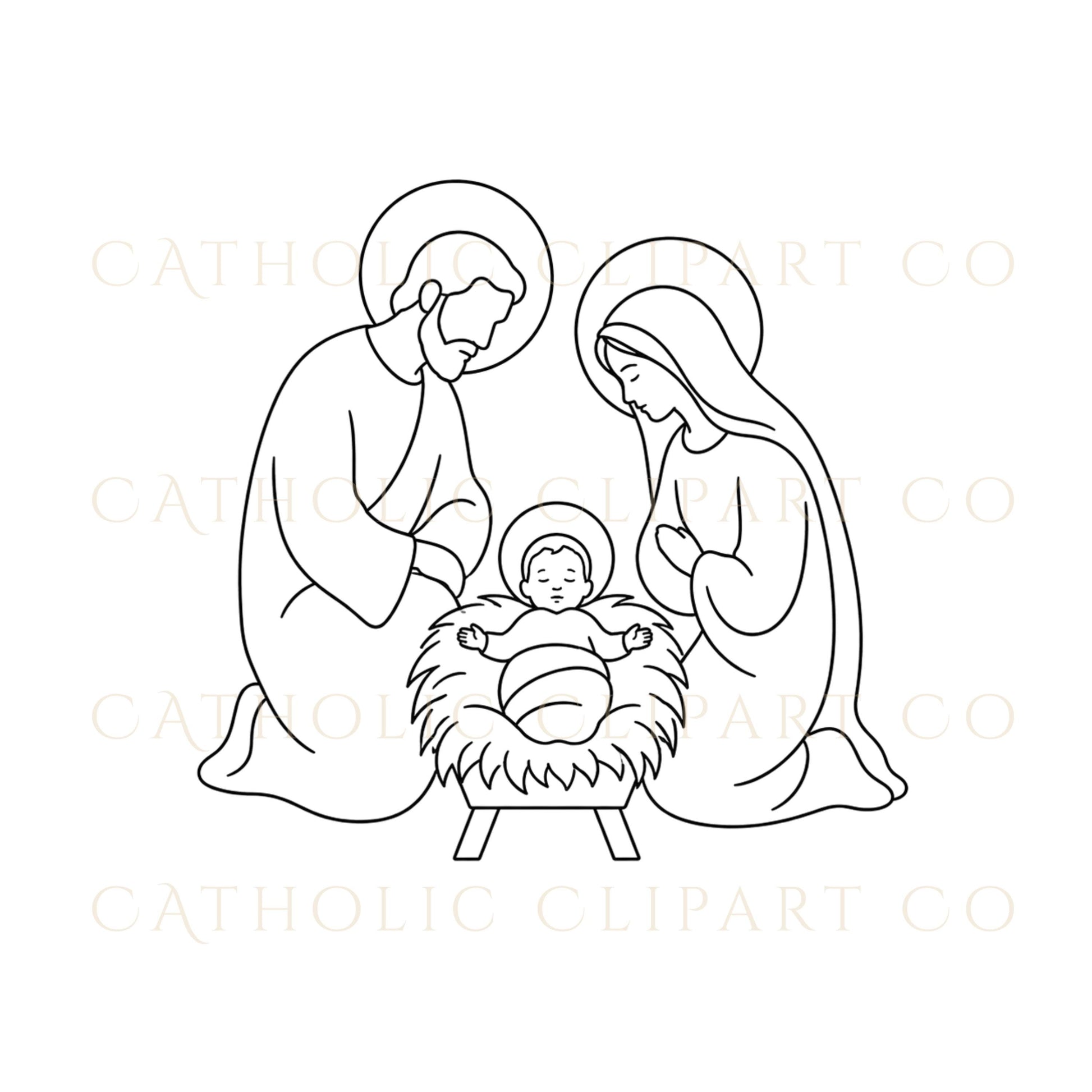 Circular Holy Family line art illustration with modern Catholic aesthetic and luxury style | Ilustración circular de la Sagrada Familia en arte lineal con estética católica moderna y estilo elegante