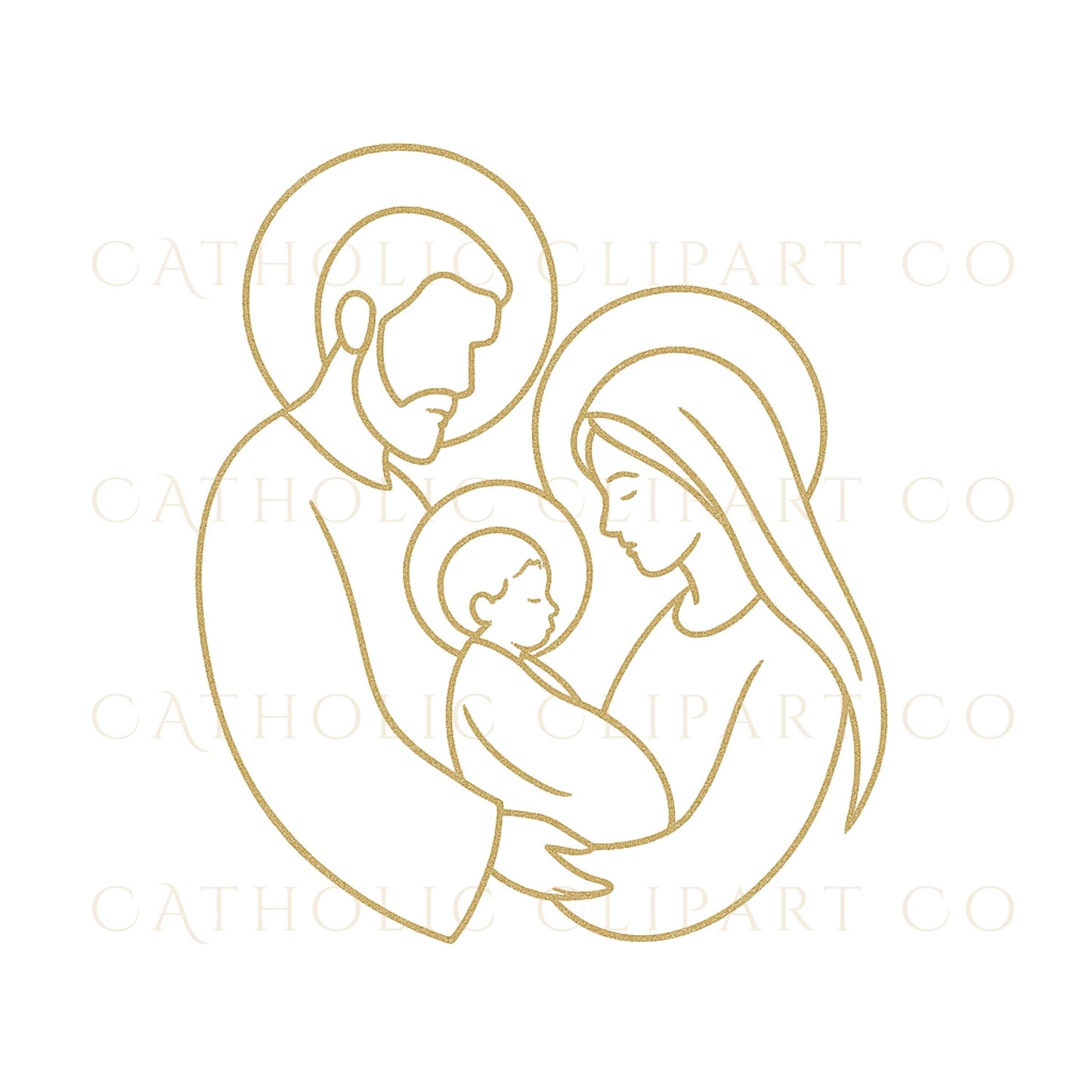 Saint Joseph holding Baby Jesus graphic in elegant black and gold religious line art | Gráfico de San José sosteniendo al Niño Jesús en elegante arte religioso lineal negro y dorado