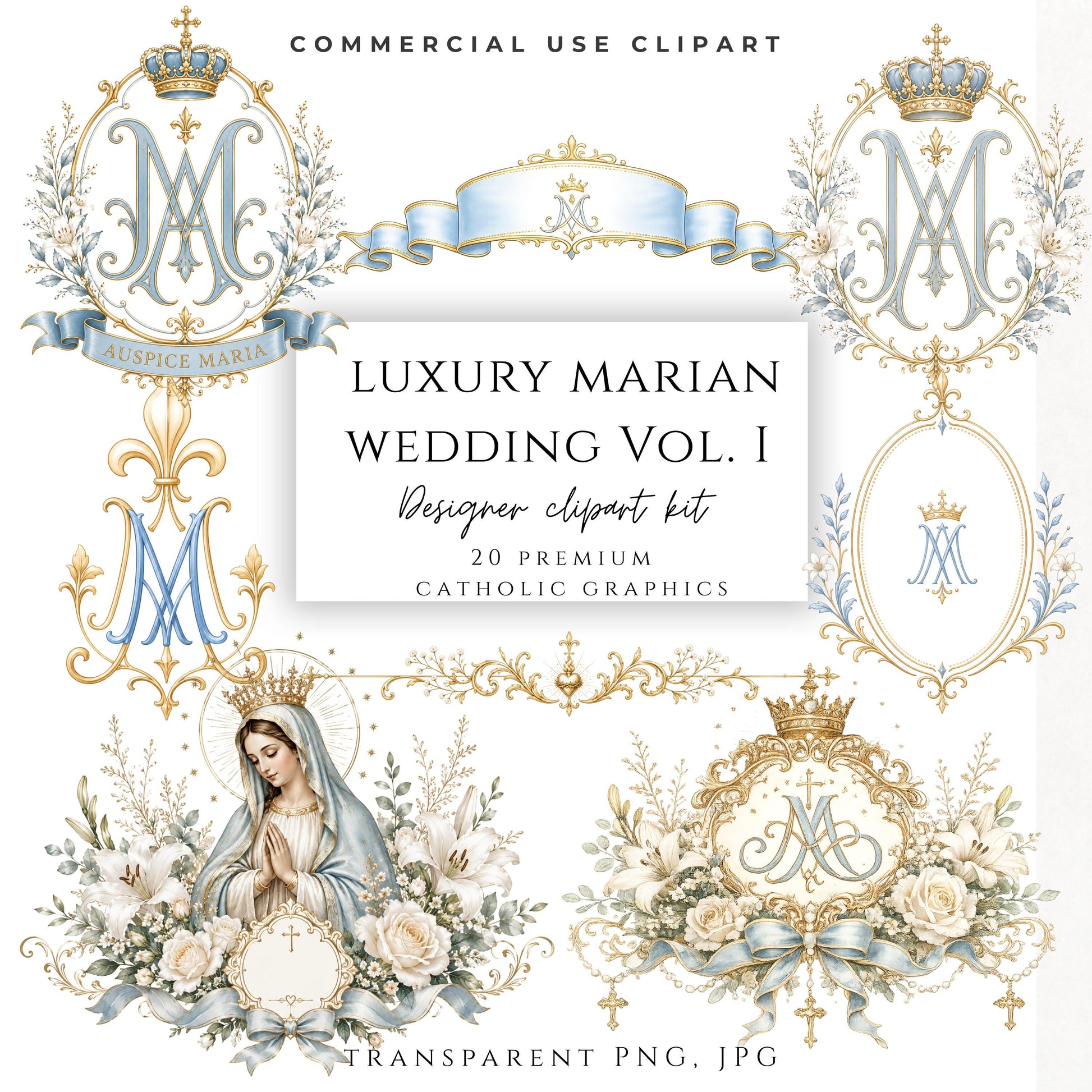 Luxury Marian wedding clipart bundle with blue and gold Catholic graphics, Marian monograms, crowns, Sacred Heart, IHS symbols, and floral wedding elements. | Paquete de clipart de boda mariana de lujo con gráficos católicos en azul y dorado, monogramas marianos, coronas, Sagrado Corazón, símbolos IHS y elementos florales.