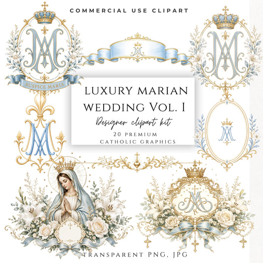 Luxury Marian wedding clipart bundle with blue and gold Catholic graphics, Marian monograms, crowns, Sacred Heart, IHS symbols, and floral wedding elements. | Paquete de clipart de boda mariana de lujo con gráficos católicos en azul y dorado, monogramas marianos, coronas, Sagrado Corazón, símbolos IHS y elementos florales.
