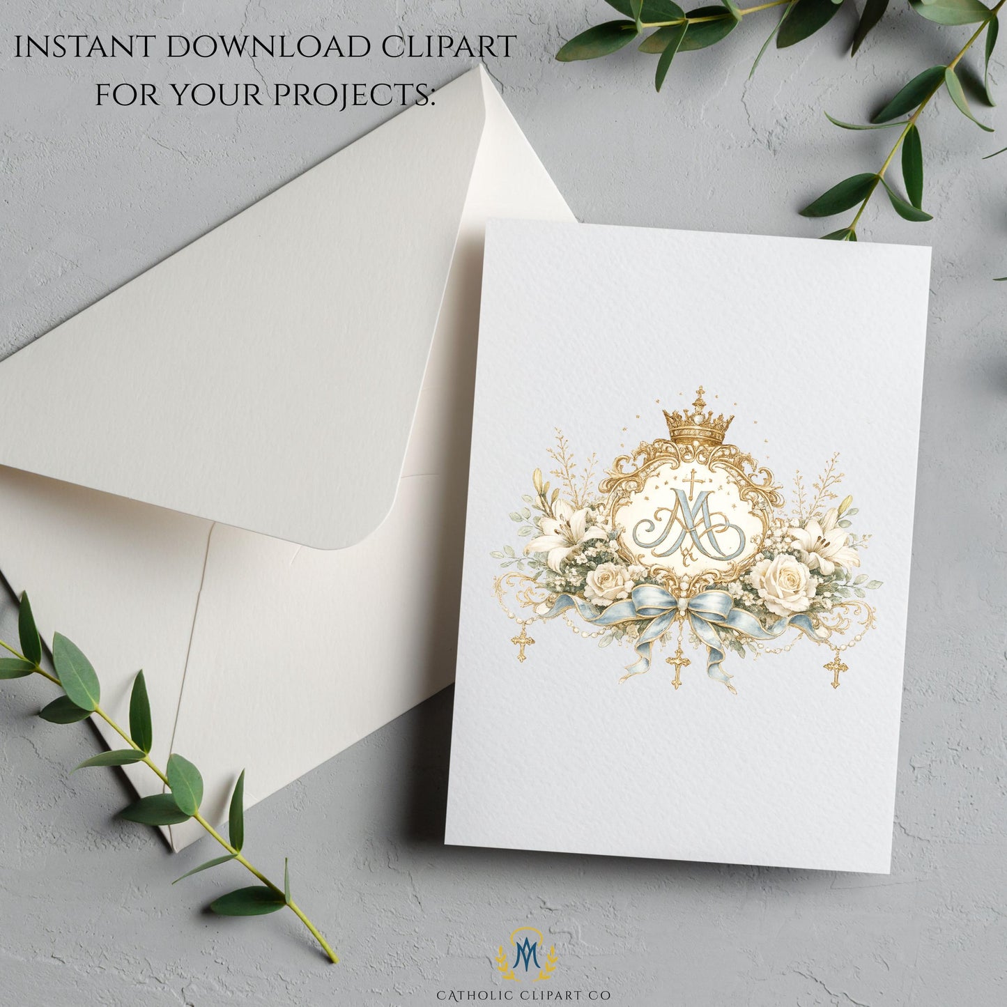 Luxury Eucharistic IHS symbol clipart with radiant gold rays and elegant Catholic floral elements. | Clipart de símbolo eucarístico IHS de lujo con rayos dorados radiantes y elegantes elementos florales católicos.