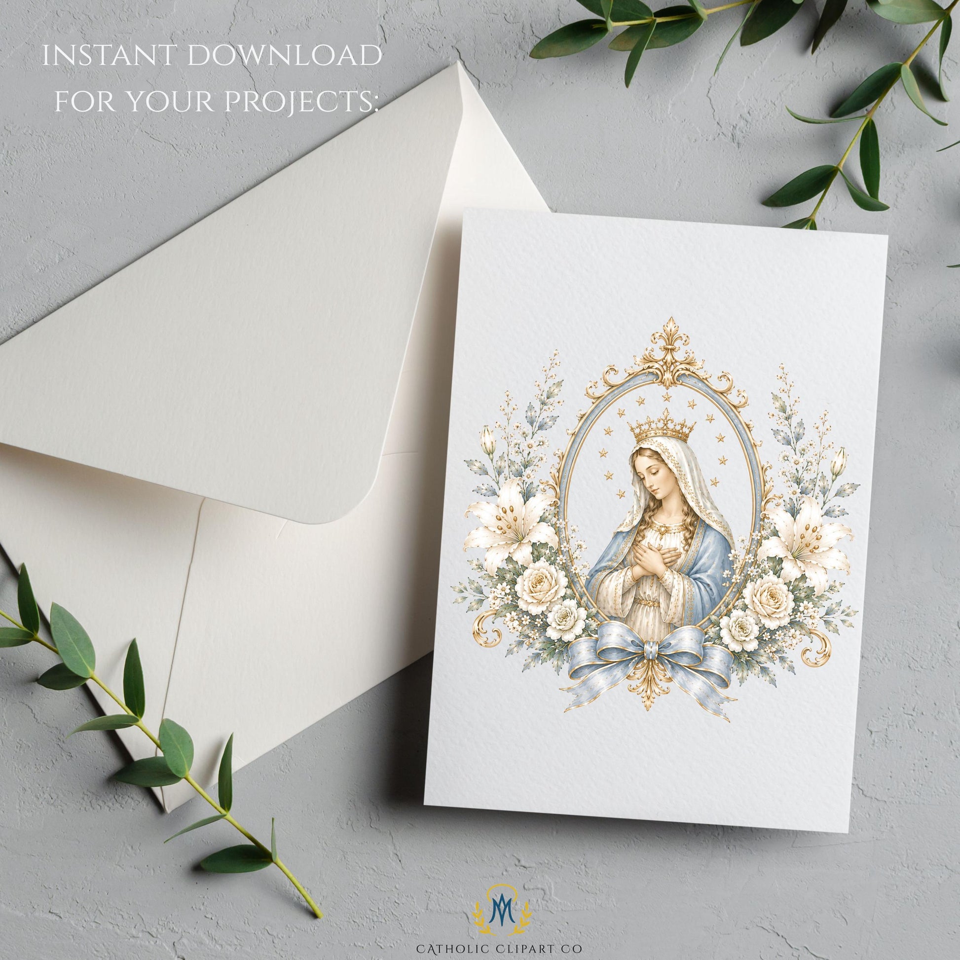 Blue and gold Catholic wedding crest clipart with floral details, crown, and Marian monogram design. | Clipart de escudo de boda católica en azul y dorado con detalles florales, corona y diseño de monograma mariano.