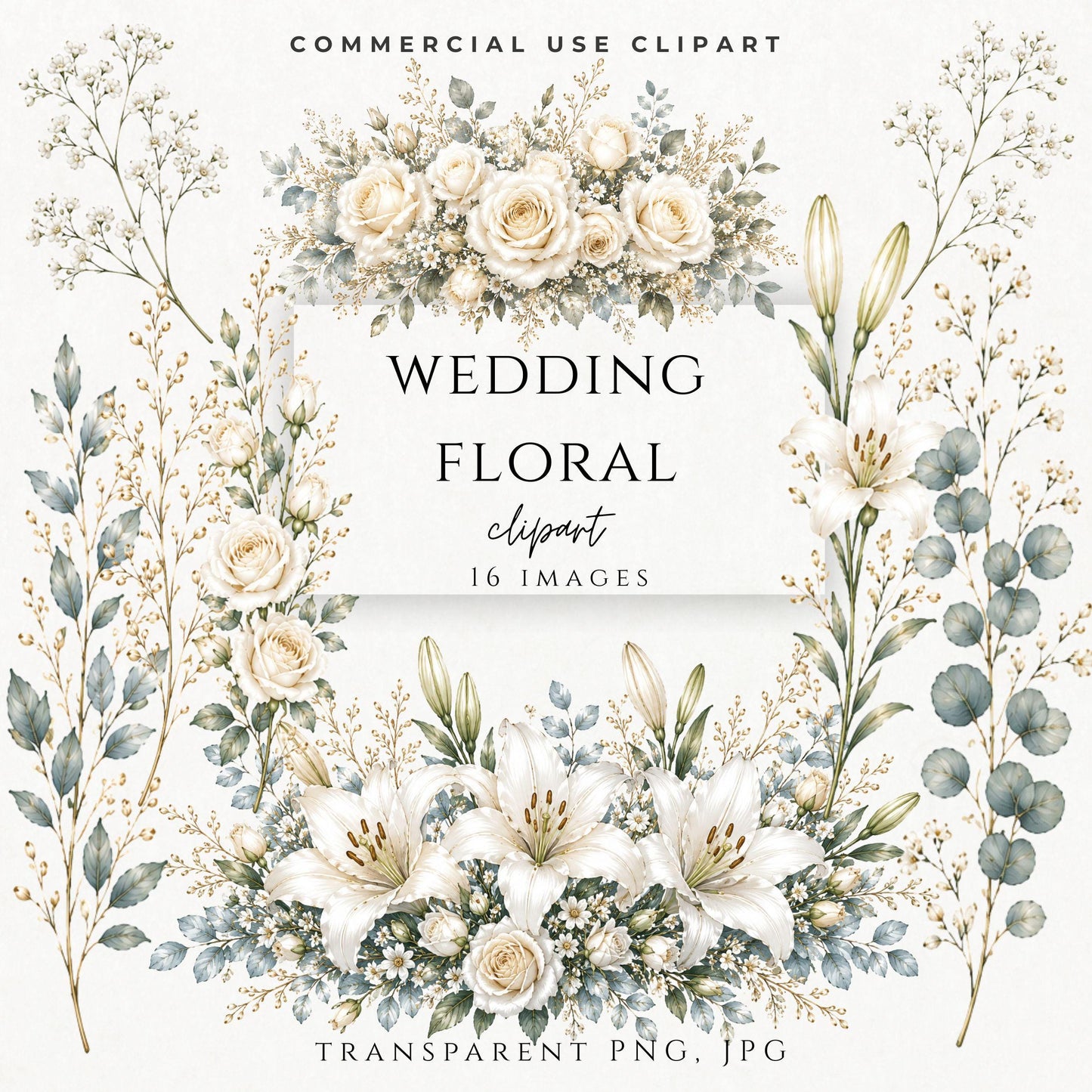 Wedding floral clipart bundle with white roses and lilies in watercolor style for invitations and stationery | Paquete de clipart floral para bodas con rosas blancas y lirios en estilo acuarela para invitaciones y papelería