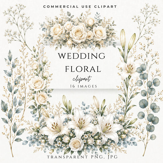 Wedding floral clipart bundle with white roses and lilies in watercolor style for invitations and stationery | Paquete de clipart floral para bodas con rosas blancas y lirios en estilo acuarela para invitaciones y papelería