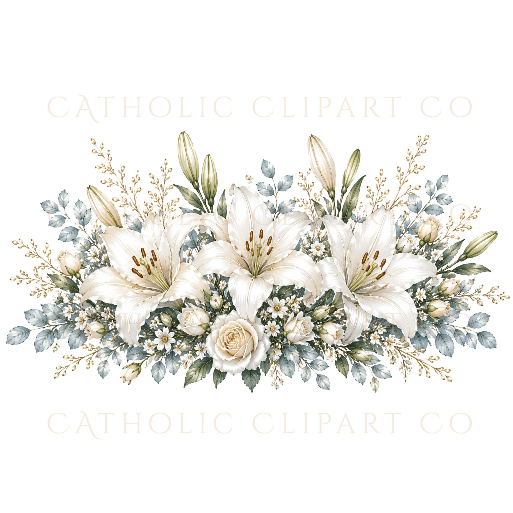 Wedding Floral Clipart PNG Bundle, White Floral Watercolor Flowers, Rose and Lily Graphics, Commercial Use