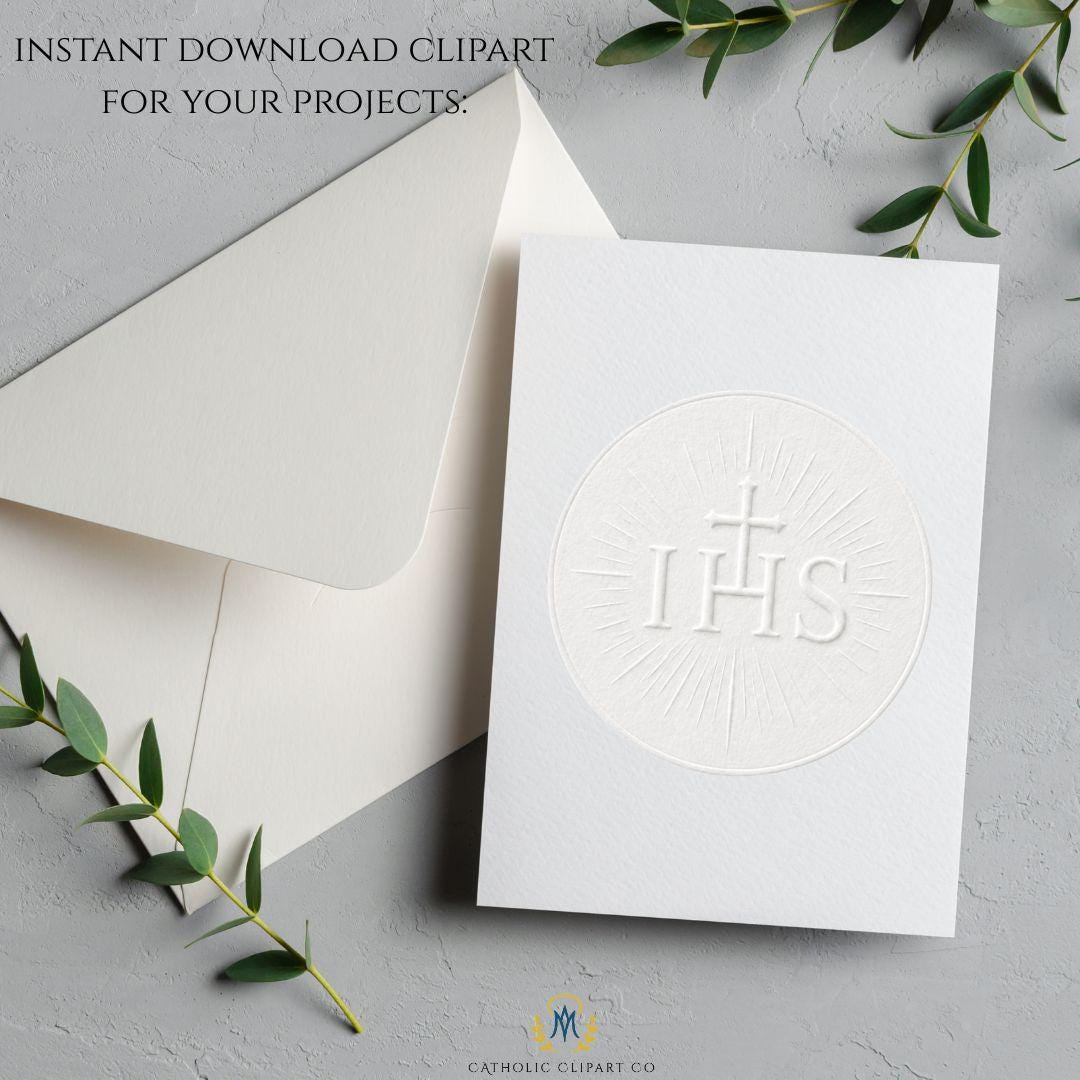 Minimal Catholic clipart PNG bundle featuring white embossed IHS, crosses, dove, and sacrament symbols / Bundle minimalista de clipart católico PNG con IHS blanco, cruces, paloma y símbolos sacramentales