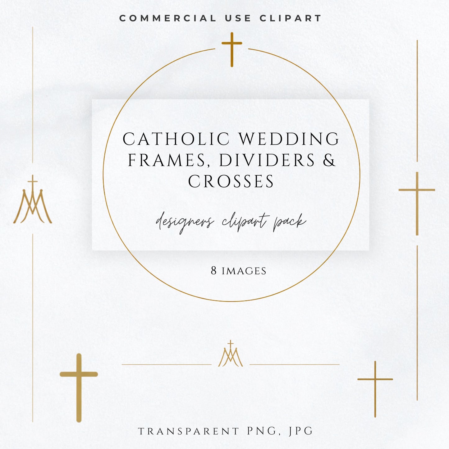 Catholic wedding clipart bundle with Marian monograms, gold crosses, frames and dividers for invitations | Paquete de clipart para bodas católicas con monogramas marianos, cruces doradas, marcos y divisores