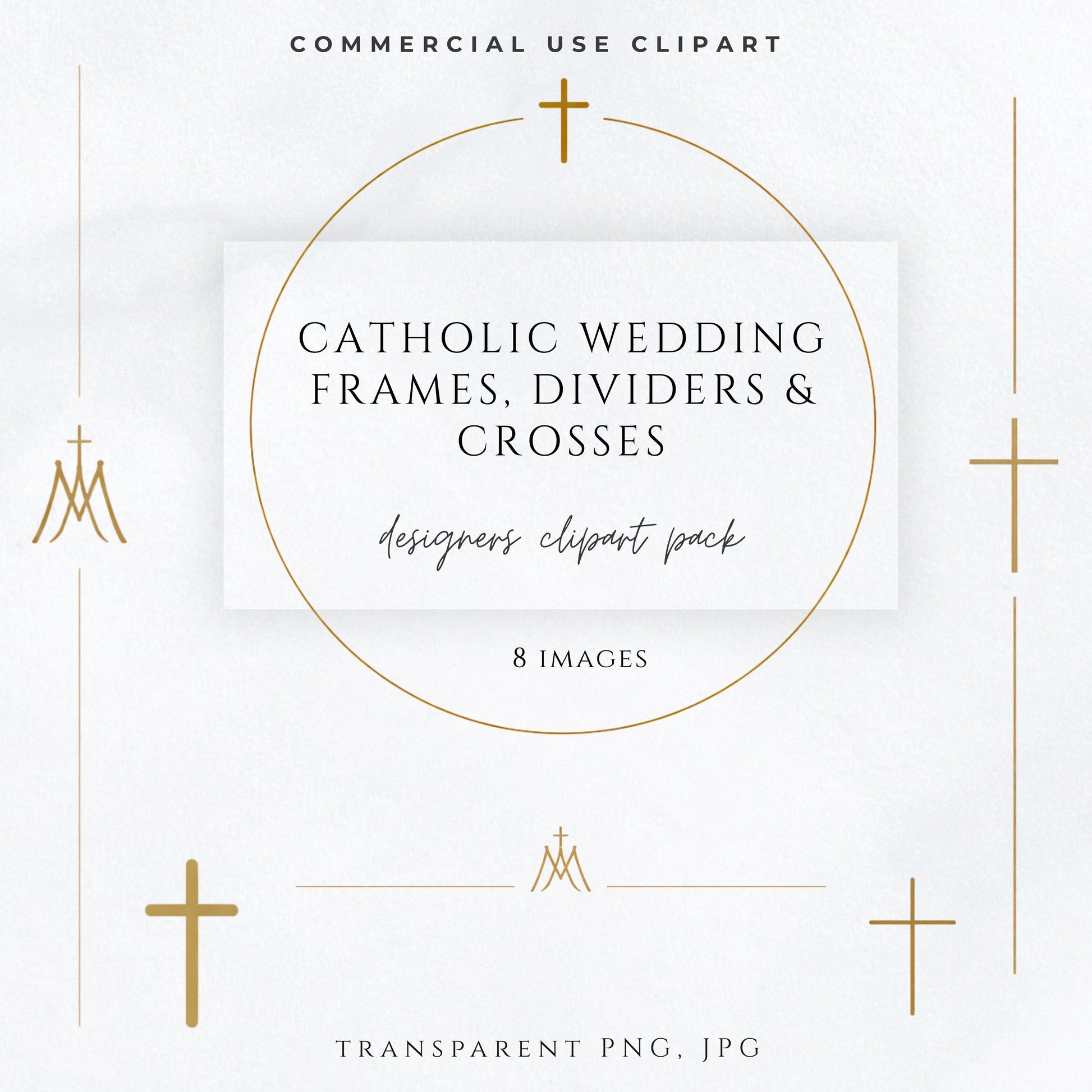 Catholic wedding clipart bundle with Marian monograms, gold crosses, frames and dividers for invitations | Paquete de clipart para bodas católicas con monogramas marianos, cruces doradas, marcos y divisores