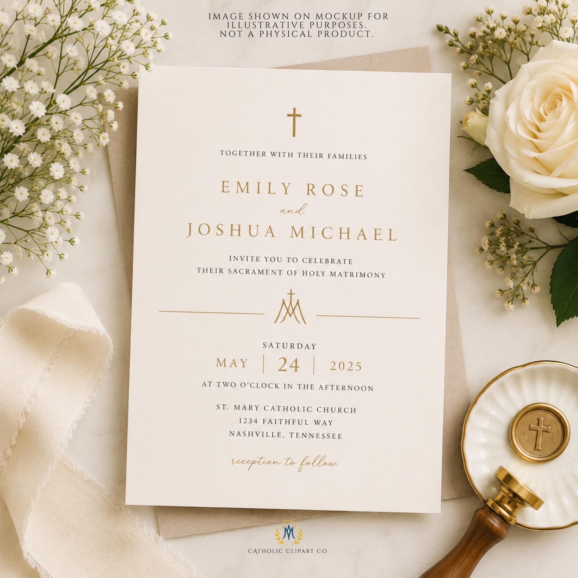 Catholic wedding graphics featuring Marian monograms and elegant gold cross elements | Gráficos para bodas católicas con monogramas marianos y elegantes elementos de cruces doradas