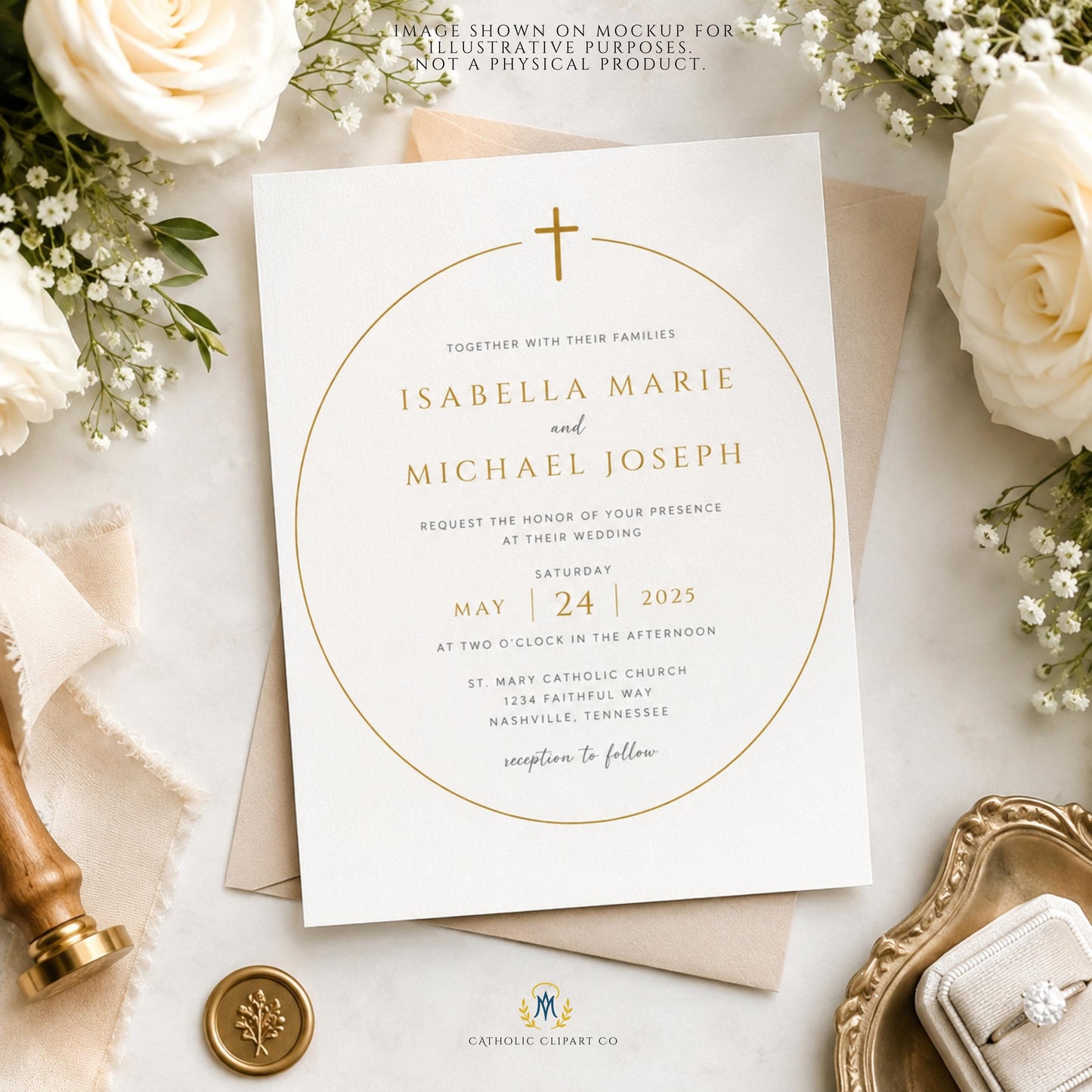 Minimalist Catholic clipart bundle with wedding frames, dividers and religious symbols | Paquete minimalista de clipart católico con marcos, divisores y símbolos religiosos
