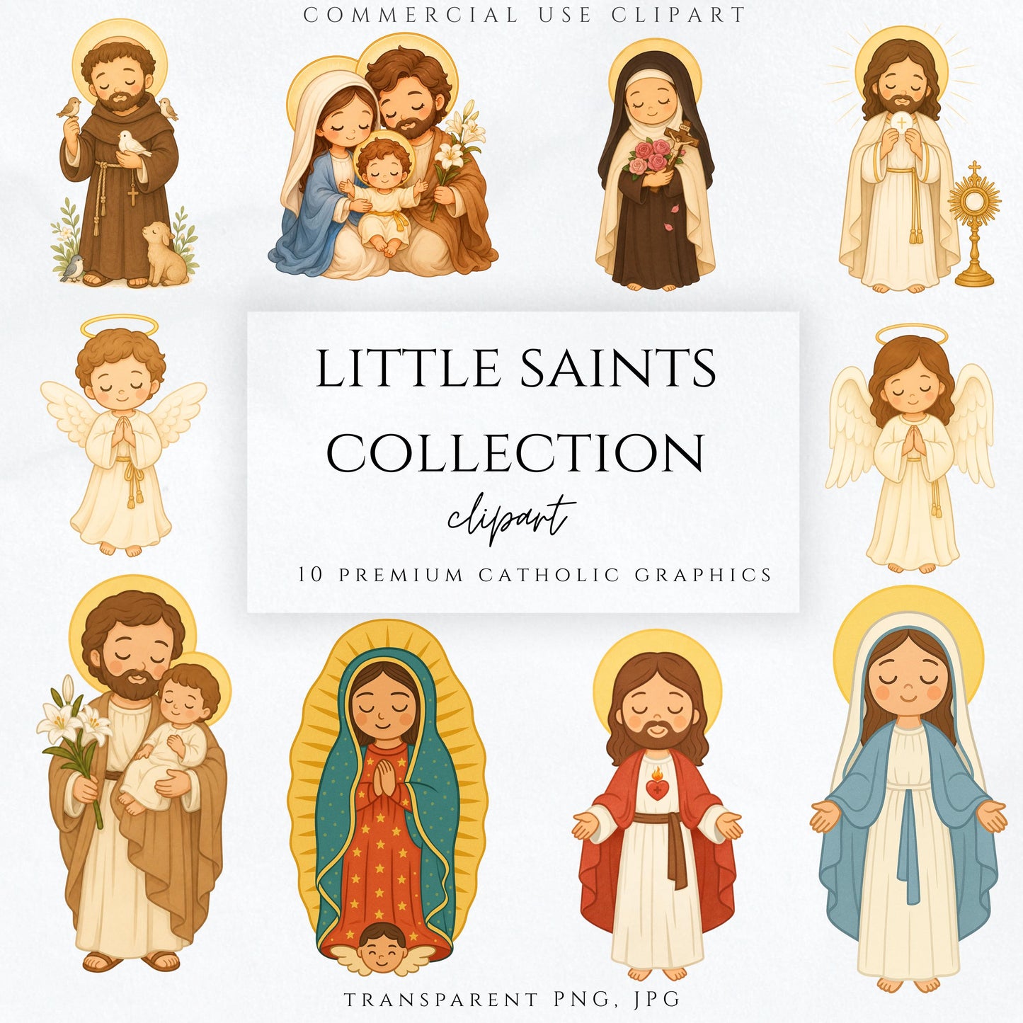 Catholic saints chibi clipart bundle with Jesus Mary Holy Family and angels on white background / Bundle de clipart católico chibi con Jesús María Sagrada Familia y ángeles sobre fondo blanco