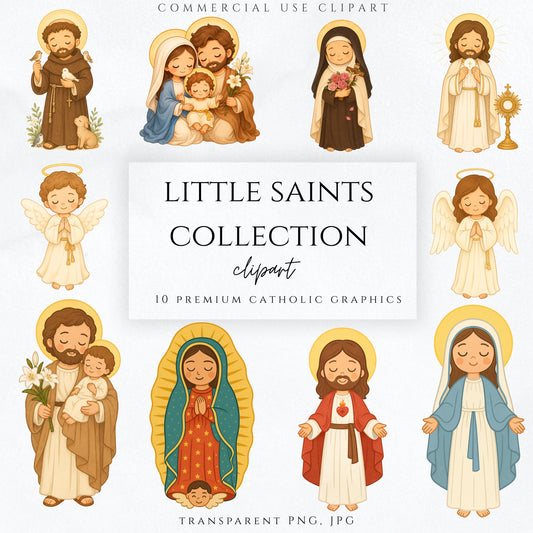 Catholic saints chibi clipart bundle with Jesus Mary Holy Family and angels on white background / Bundle de clipart católico chibi con Jesús María Sagrada Familia y ángeles sobre fondo blanco