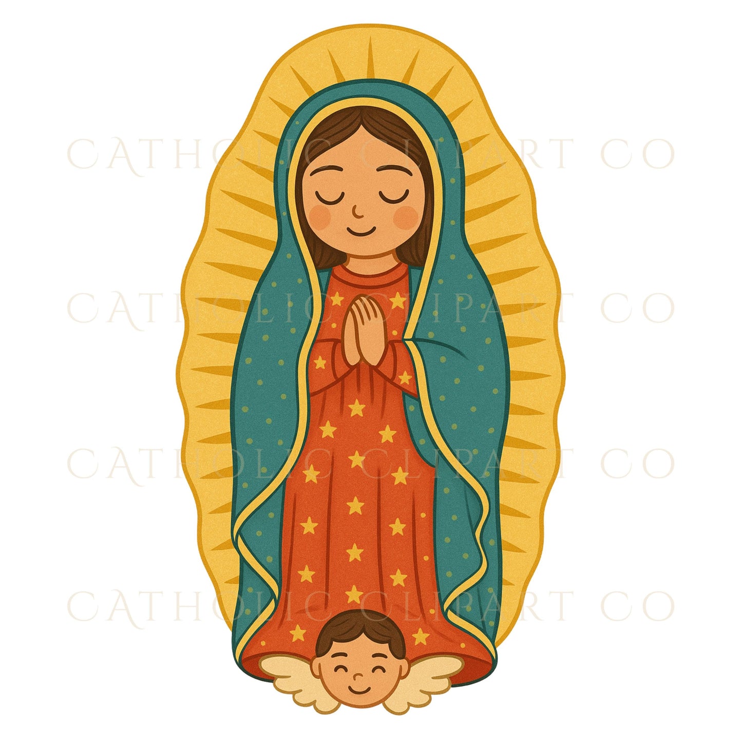 Virgin Mary Catholic chibi graphics with warm neutral palette and gold accents / Gráficos católicos chibi de la Virgen María con paleta cálida y acentos dorados